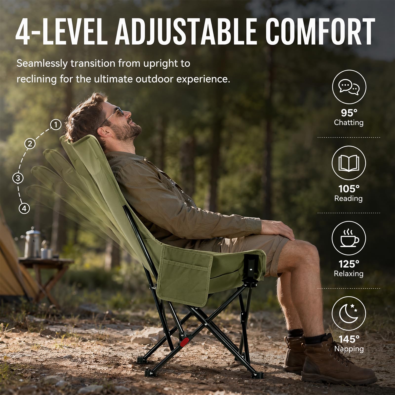 Sedia da campeggio pieghevole con schienale alto, leggera e confortevole, con 2 tasche laterali, ingombro ridotto, ultraleggera, portata di 130 kg, per esterni, spiaggia, escursionismo, verde