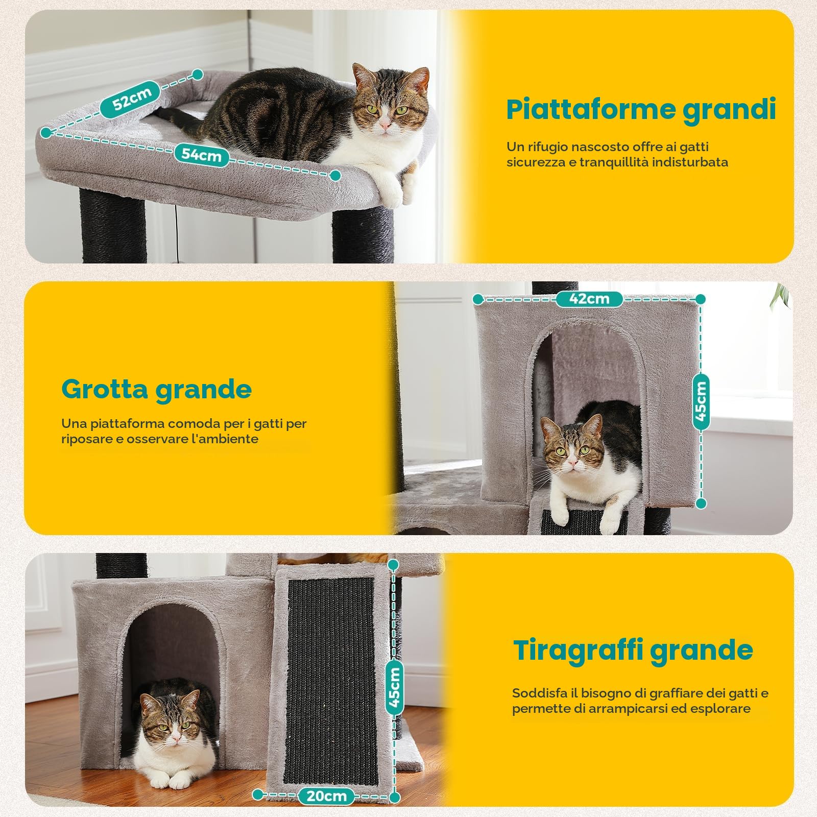 PETEPELA Grande tiragraffi spessore 11 cm tronchi con doppia grotta estremamente grande, completamente rivestito in sisal, adatto per gatti di grandi dimensioni, 114 cm, colore: nero/grigio