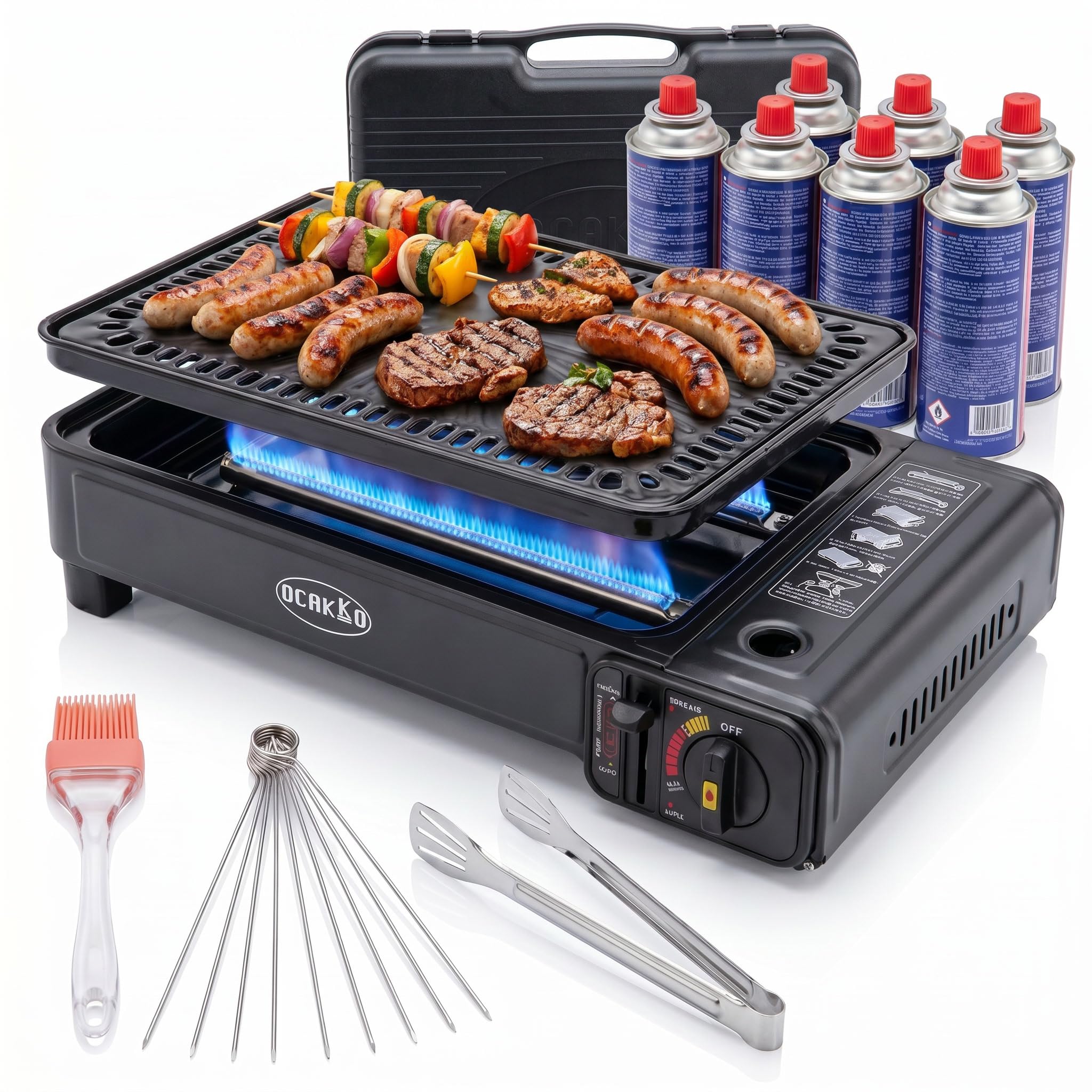 Gasgrill Camping mit 8 Kartuschen Grillplatte Grillrost + Schaschlikpieße