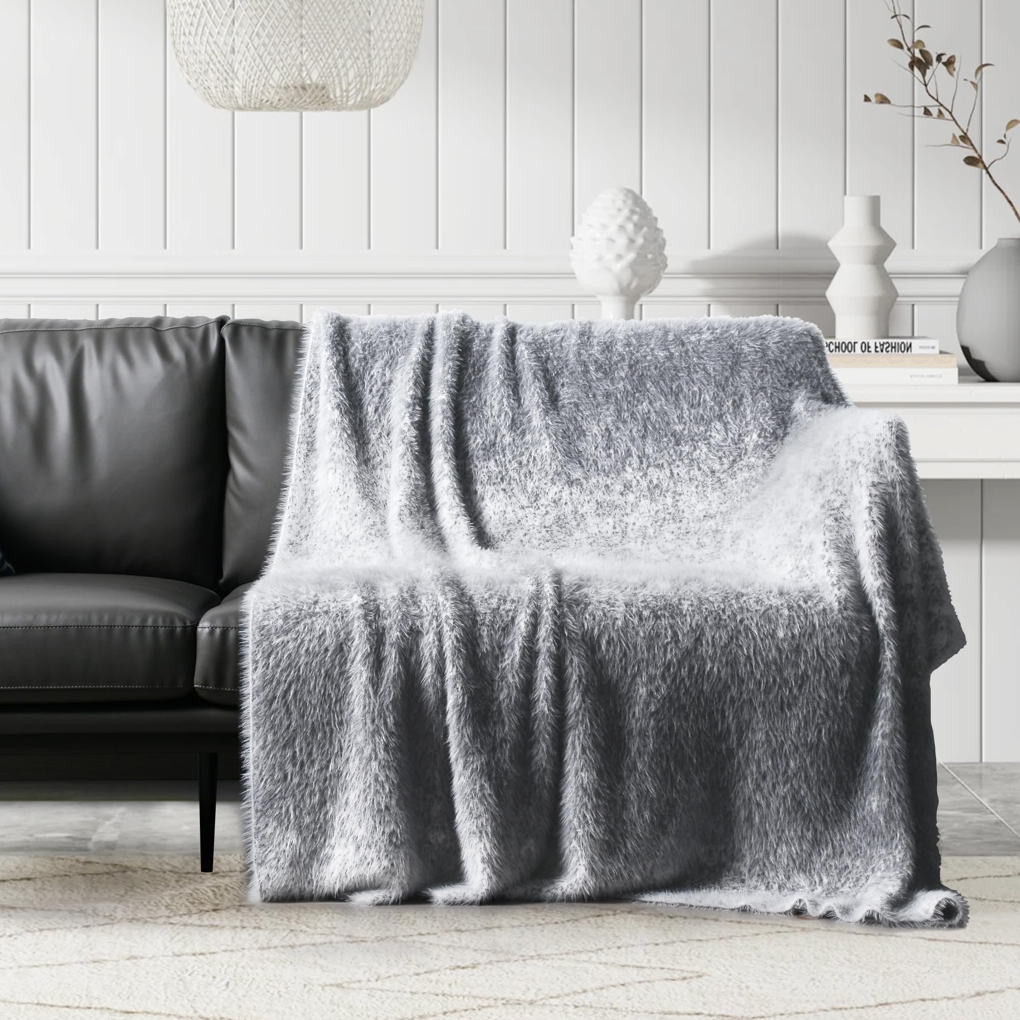 Faux Fur Throw Blanket Grey with White Tipped Blankets Long Pile Double