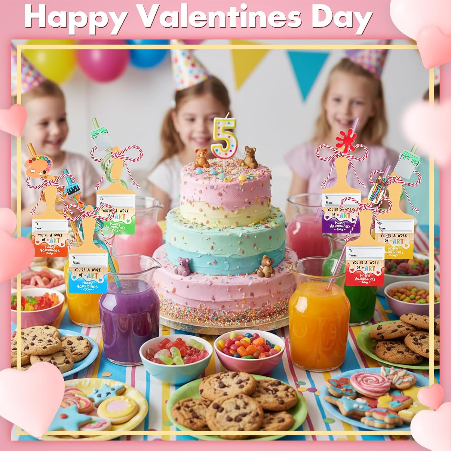 Honeydak 30 Pack Painting Valentines Day Cards with Crazy Straws Bulk Gifts Art Painting Drinking Spiral Straws Reusable for Valentine's Day Exchange Prizes, Party Favors Gifts