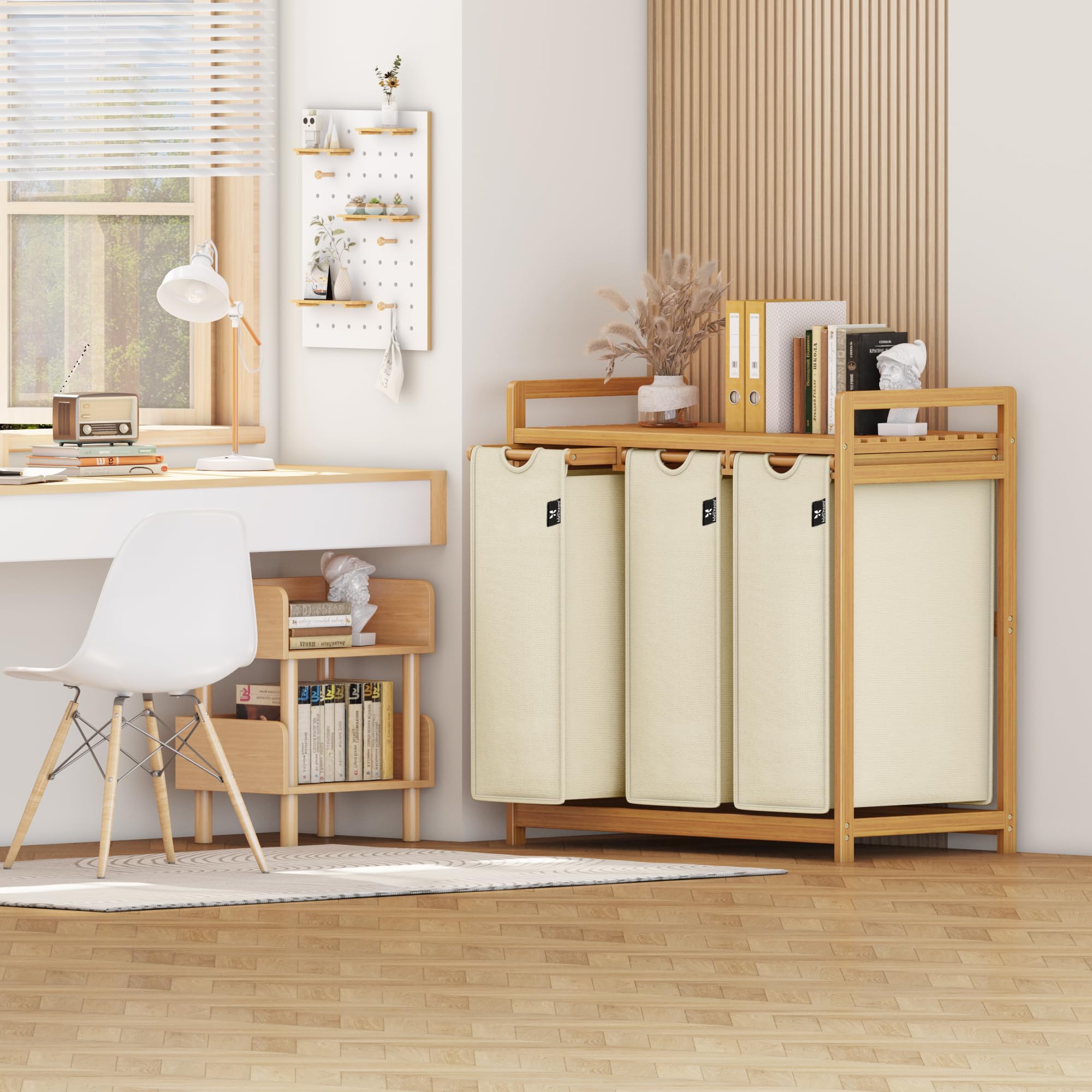 AdelDream Panier à linge 150L 3 compartiments avec étagères sac à linge extensible et amovible collecteur de linge cadre en bambou boîte à linge tri du linge Bambou Beige