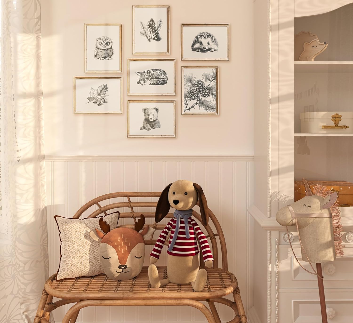 Vintage Nursery Wall Art Woodland Animal Canvas Prints Sketch Bear Fox Wall Decor Forest Animal Kids Pictures Vintag Pine Tree Posters Printing Artwork for Boys Girls Room Decoration Unframed