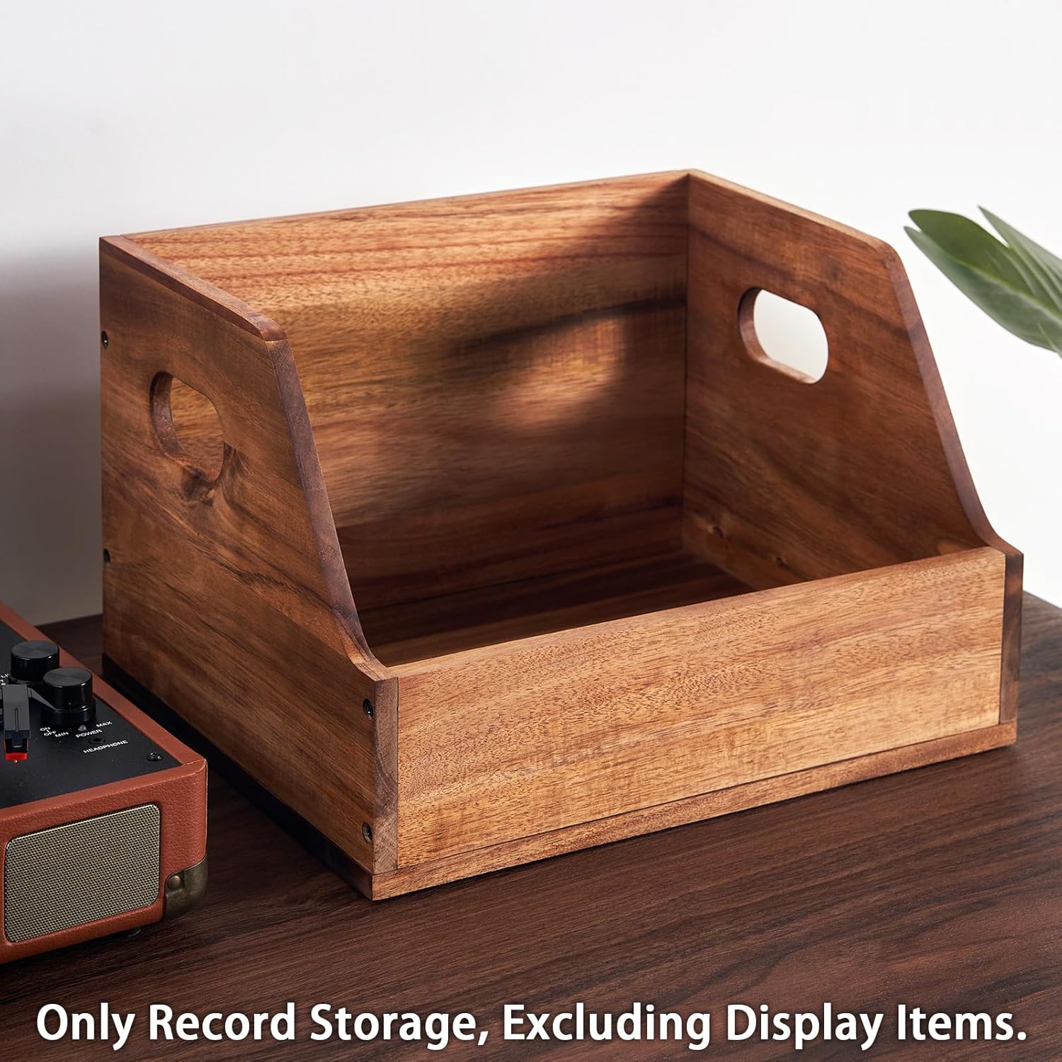 Acacia Wood Vinyl Record Storage Crate - Classic Cube Record Holder, Album Organizer Case Box for 60+ Records, Home Decor and Collection Display