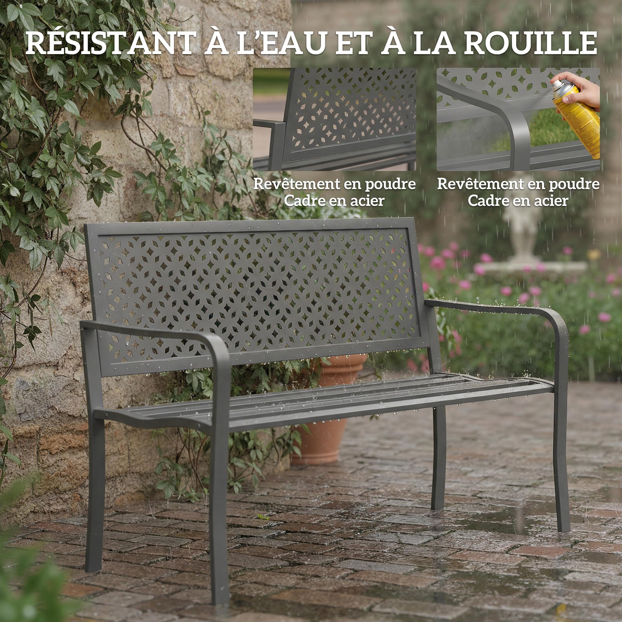 Outsunny Banc d'extérieur en métal, Banc 2 Places avec Dossier géométrique antirouille et accoudoirs, siège de Patio pour Balcon, terrasse, Parc, Gris foncé