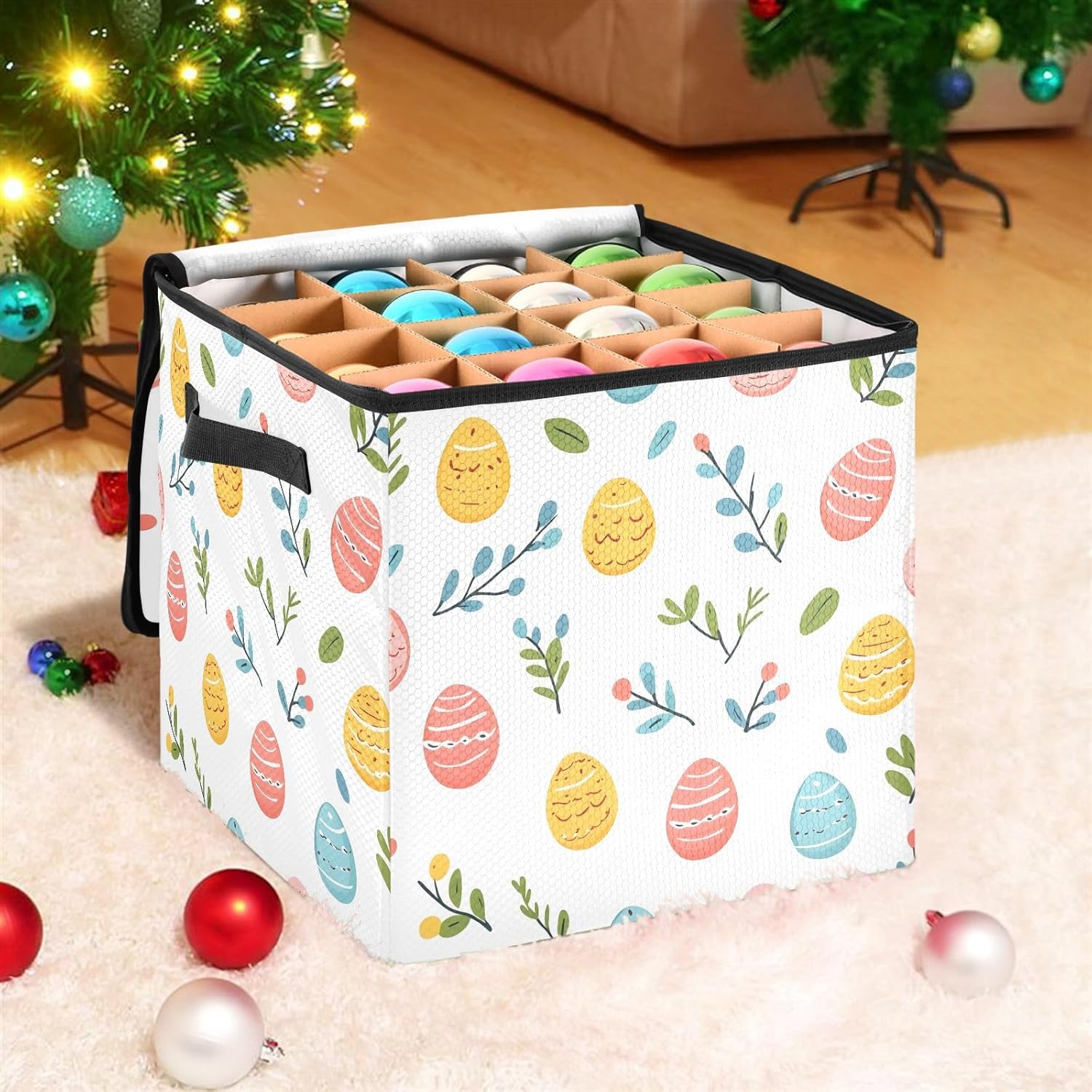 Easter Eggs Christmas Ornament Storage Box with Adjustable Dividers Stores up to 64-3 Inch Holiday Ornaments, 13 x 13 Inch Xmas Storage Containers