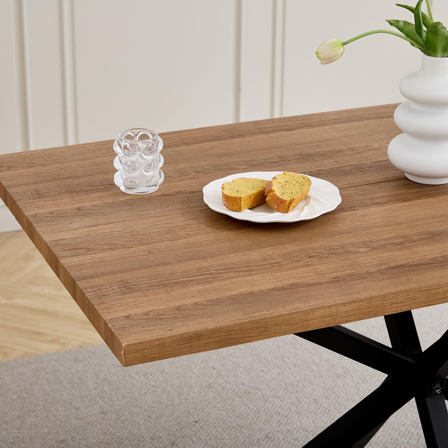 Essgruppe Set Tisch und Stühle, Rechteckiger Esstisch (140 cm) mit 4 Esszimmerstühlen aus Leinenstoff und Griff für Küche, Esszimmer (Dunkles Holzdekor+4*stühle (Schwarz))