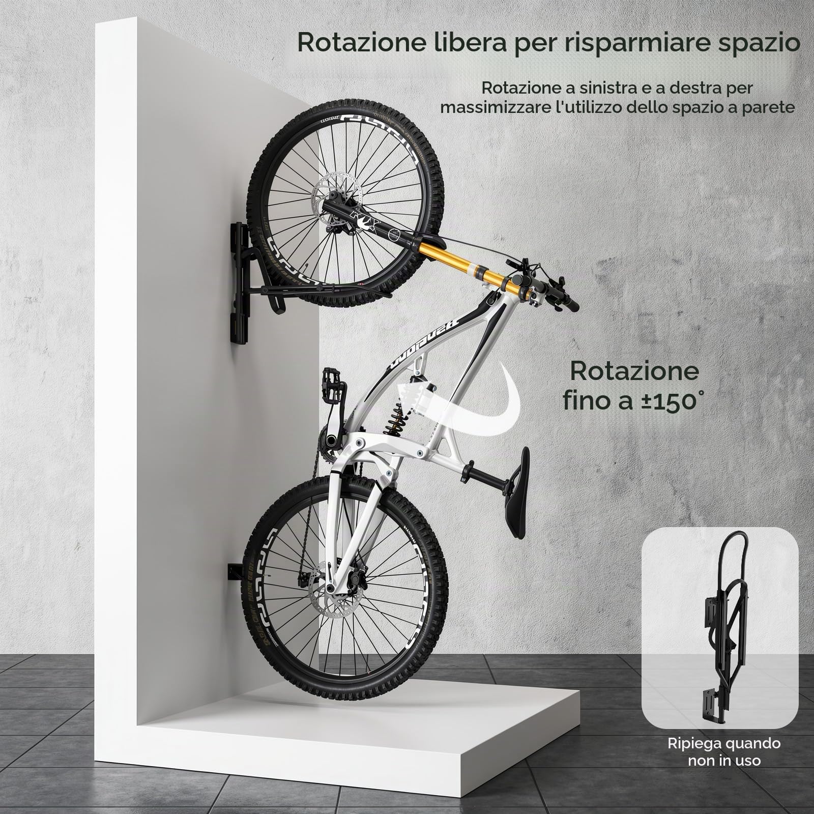 Housolution Supporto a Muro Girevole perBici, Ruote fino a 29'' [1 Pz] | Portabici senza Sollevamento, Ganci per Bici Garage, Risparmiatore Spazio, Pneumatici fino a 3,14'' Larghezza
