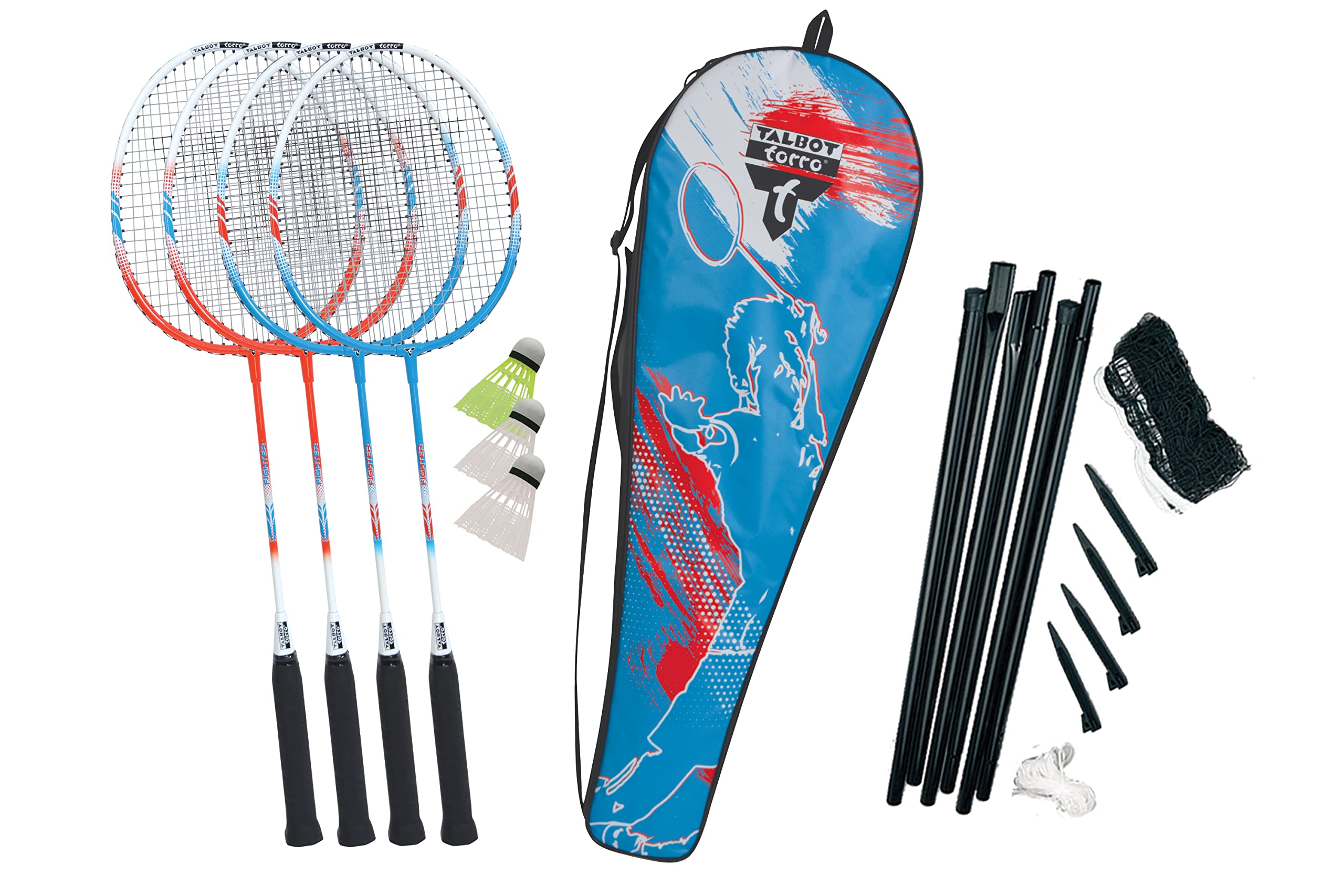 Talbot Torro Badminton-Set 4-Fighter Komplettset mit 4 ALU-Schläger 3 Federbälle Netzgarnitur Tasche