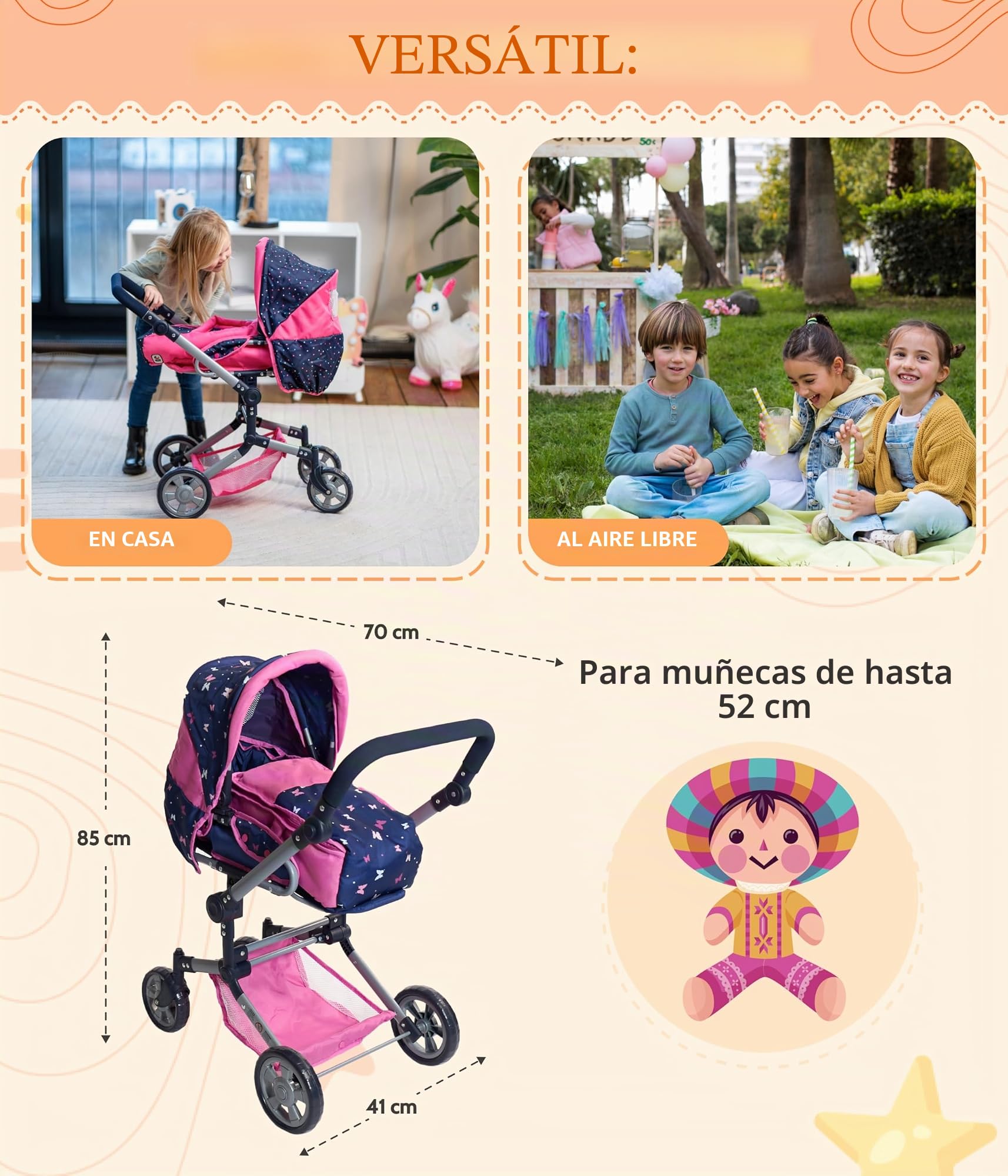 Bayer Chic 2000 - Cochecito de muñecas Jara, 2 en 1 con Bolsa de Transporte extraíble, Carrito para muñecas para niños de 4 a 8 años, Estrellas Marinas