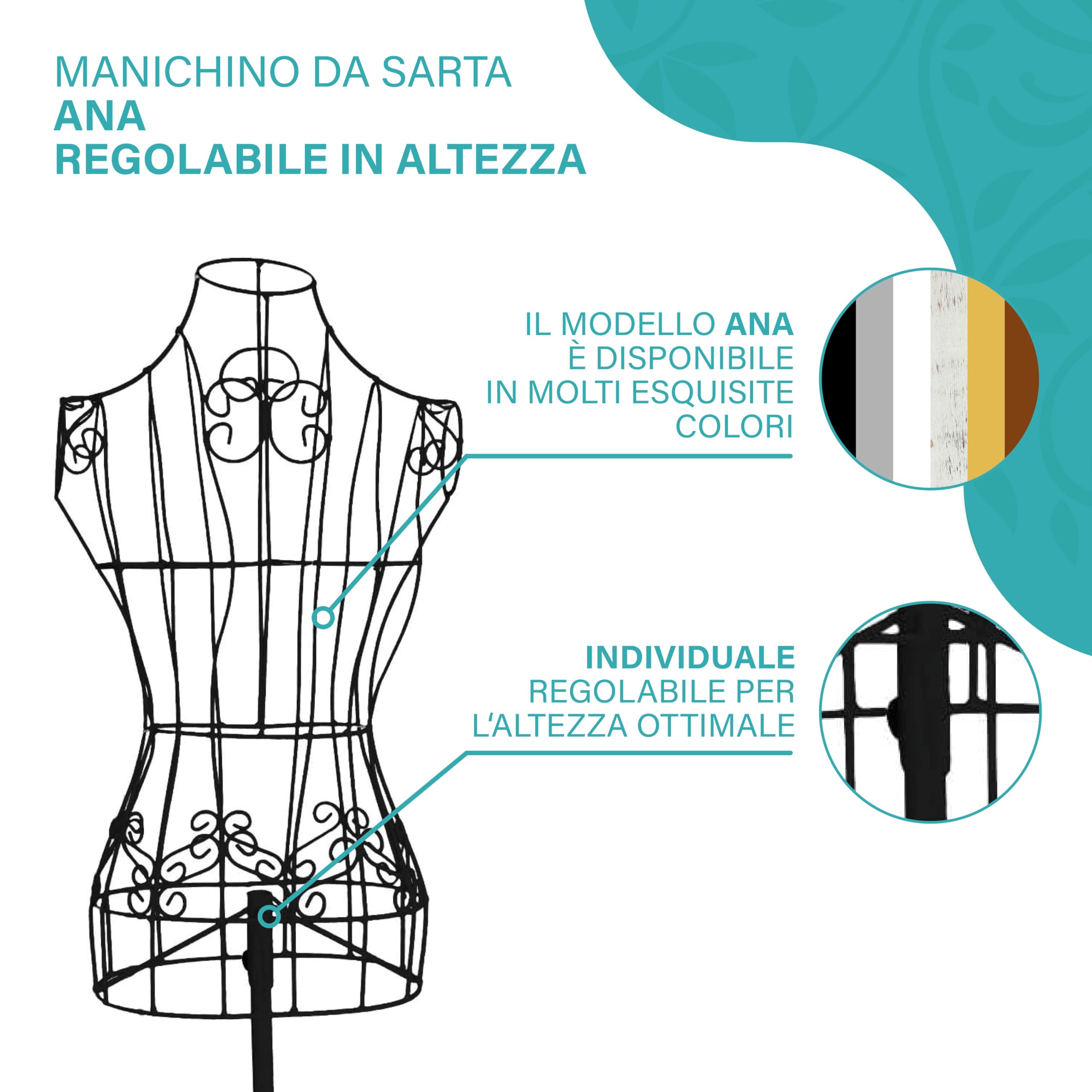 PrimoLiving - Manichino da sartoria in metallo, regolabile in altezza, colore nero, modello P-12901