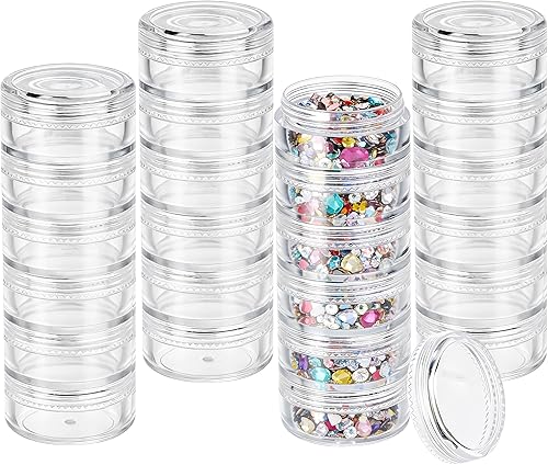 Fengek 6 Sets 6 Layer Stackable Plastic Containers, 10G/10ML Clear Cosmetic Storage Box Round Organizer Jars for Beads, Buttons, Small Jewelry