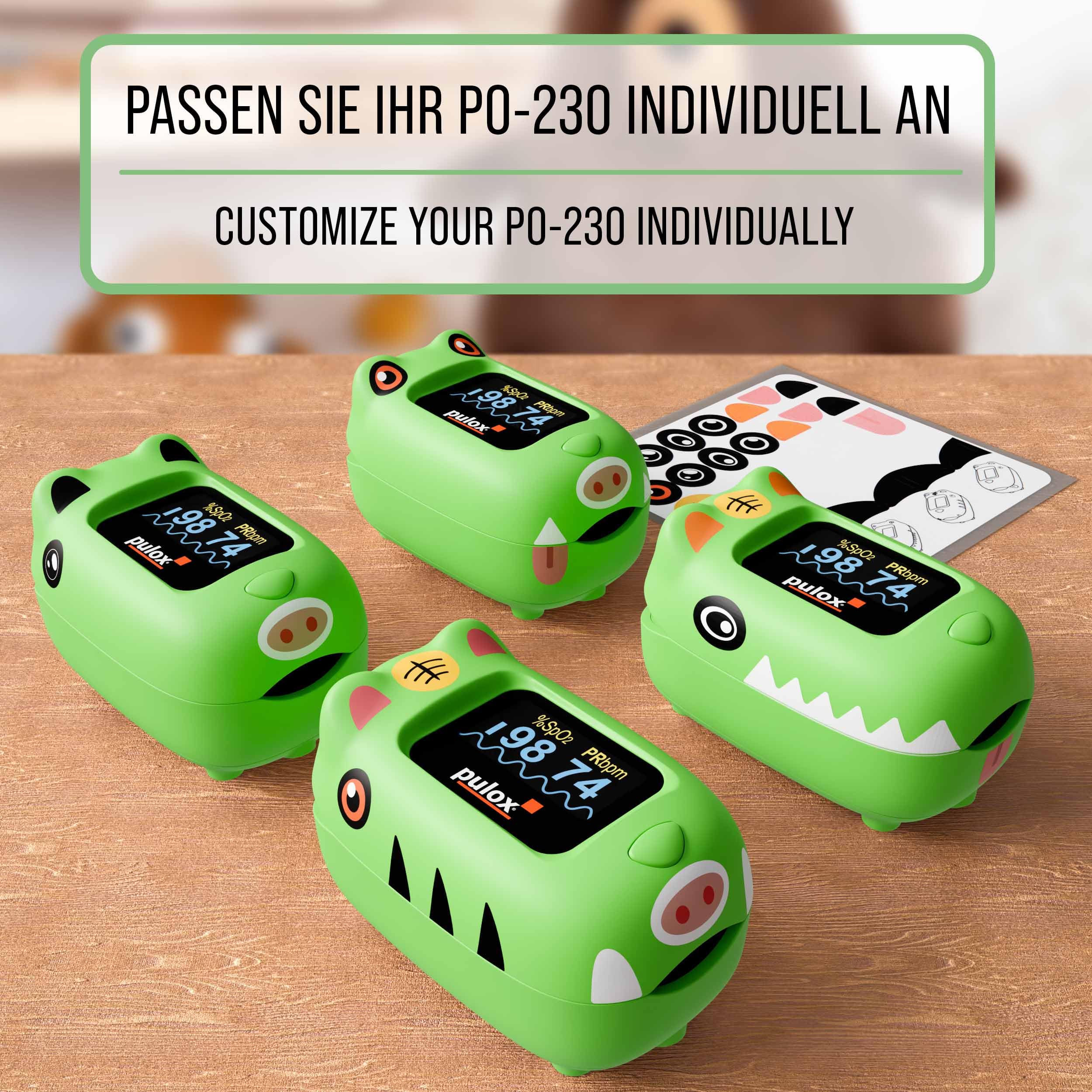 Pulox PO-230 Kinder Pulsoximeter Grün zur Messung von SpO2 und Puls | Misst Sauerstoffsättigung und Herzfrequenz in wenigen Sekunden, inklusive Sticker zum individuellen Bekleben und Gestalten