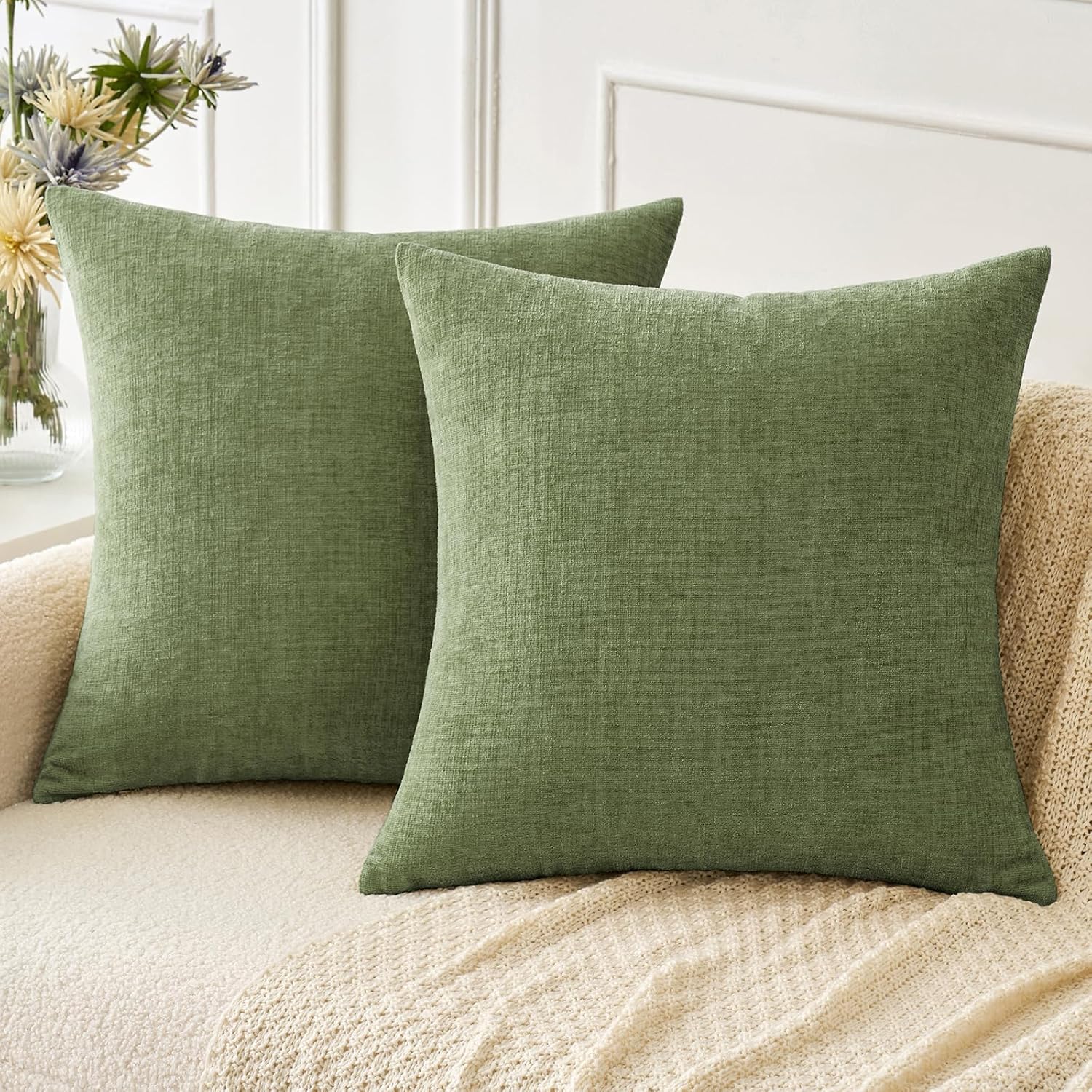 MIULEE Sage Green Chenille Couch Throw Pillow Covers (Pack of 2)