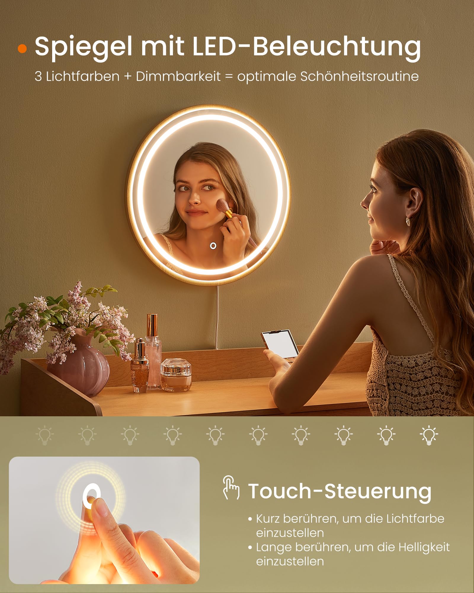 SONGMICS HOME BOHOVEN Kollektion – Schminktisch mit Spiegel, Beleuchtung, Kosmetiktisch 3 Schubladen in Rattan-Optik, Touch-Steuerung, 3 Lichtfarben, dimmbar, Boho-Stil, Schlafzimmer, eichenbeige