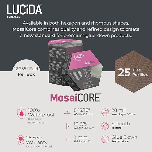 Miniatura 3 de Lucida Surfaces Baldosas de vinilo de lujo  Piso adhesivo adhesivo  Azulejo hexagonal con aspecto de mármol  MosaiCore  Azulejo de una sola muestra