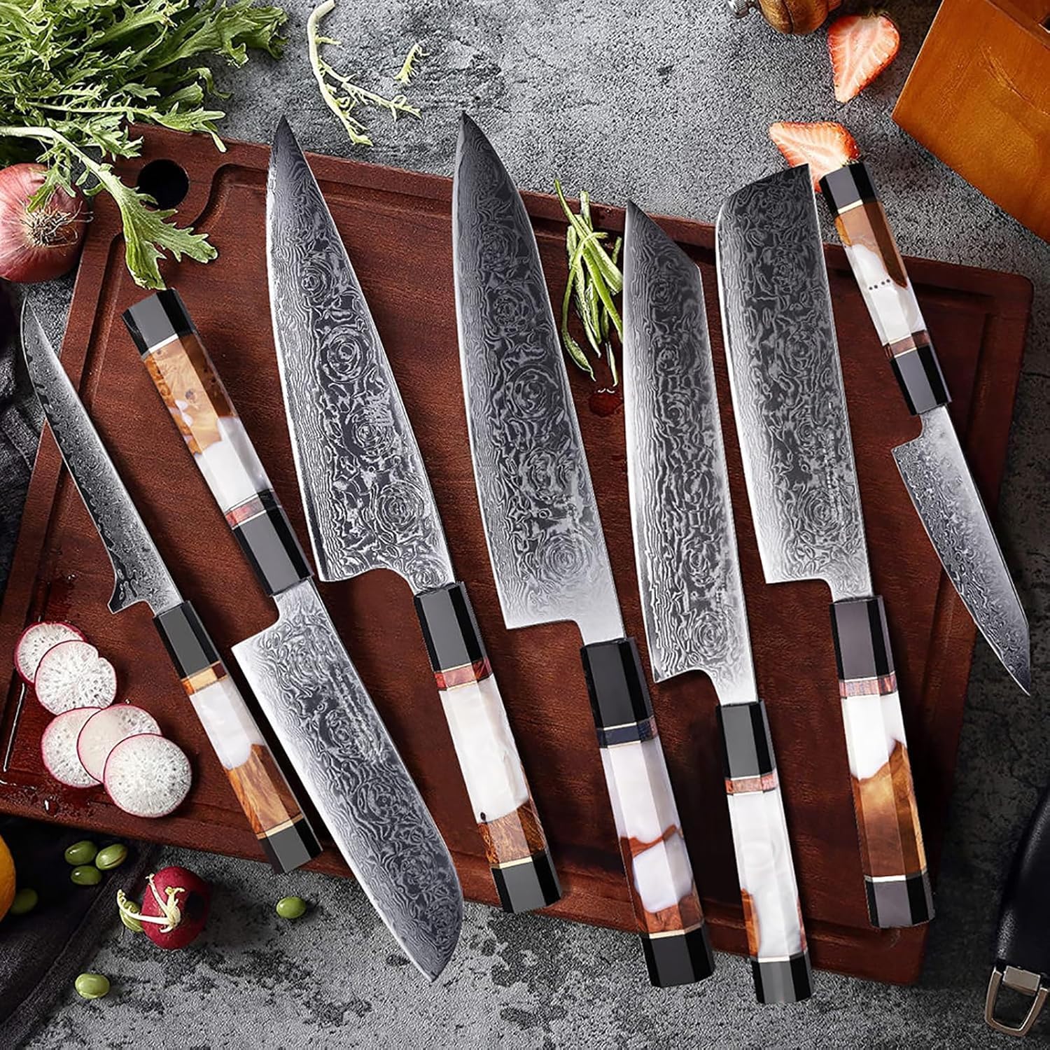 7-Piece Damascus Kitchen Knife Set - Resin Handle Knife Set - 73-Layer Japanese VG10 Steel - Chefs Cleaver