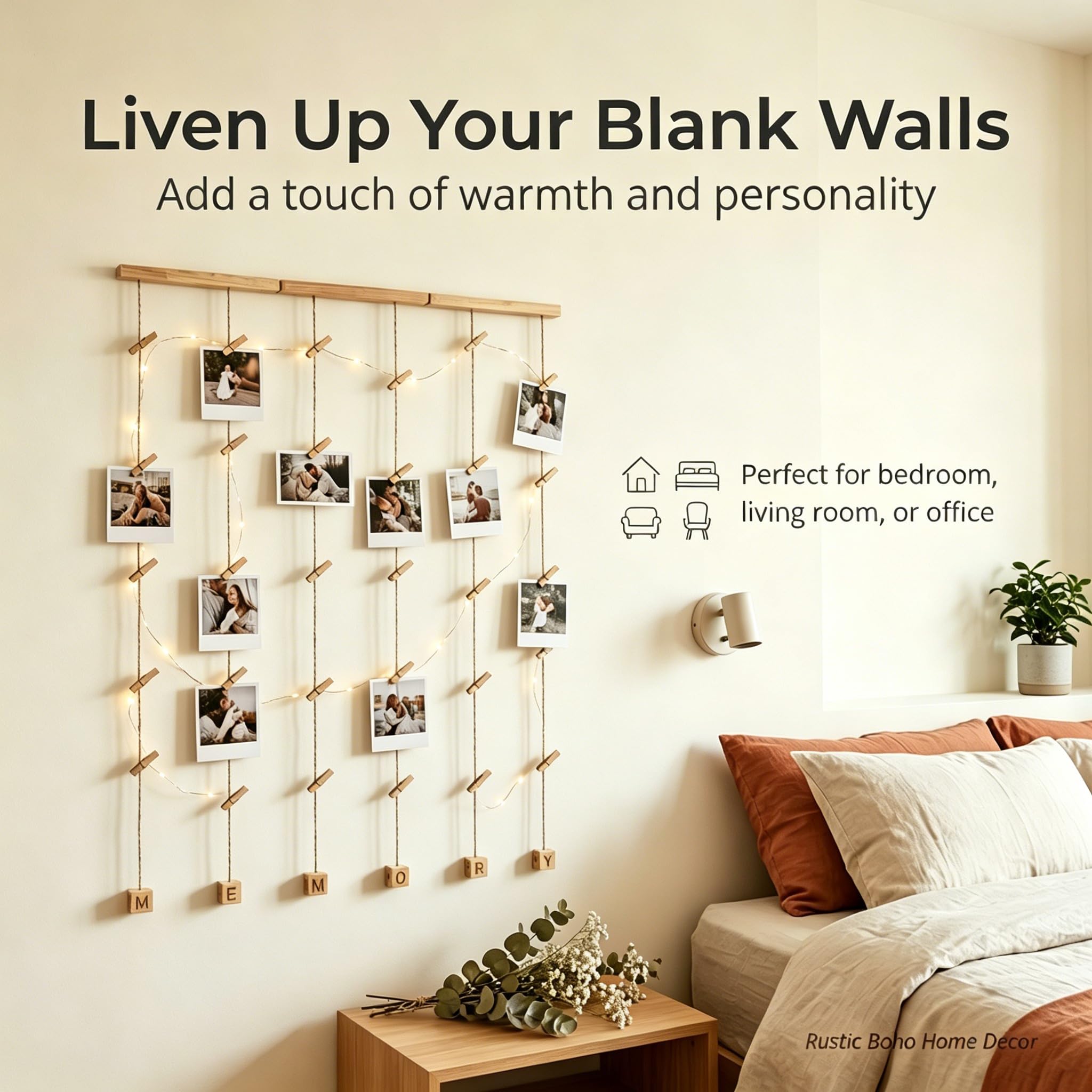 Cadre Photo Mural Avec Corde Porte-Photos 30 Pinces Couleur Bois Naturel Décoration Maison Cadeau