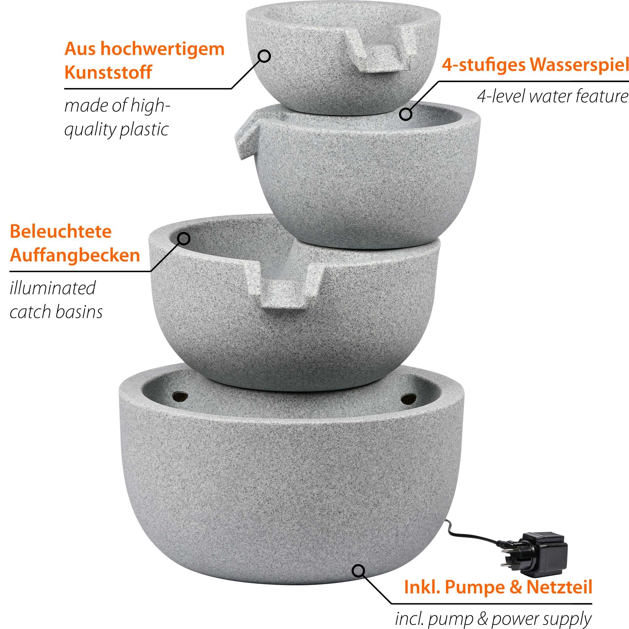 dobar® Gartenbrunnen Rama mit LED-Beleuchtung - Springbrunnen 4-stufig aus recyceltem PE - Kaskade für die Garten-Dekoration - 51 x 46,5 x 72,5 cm - Steingrau