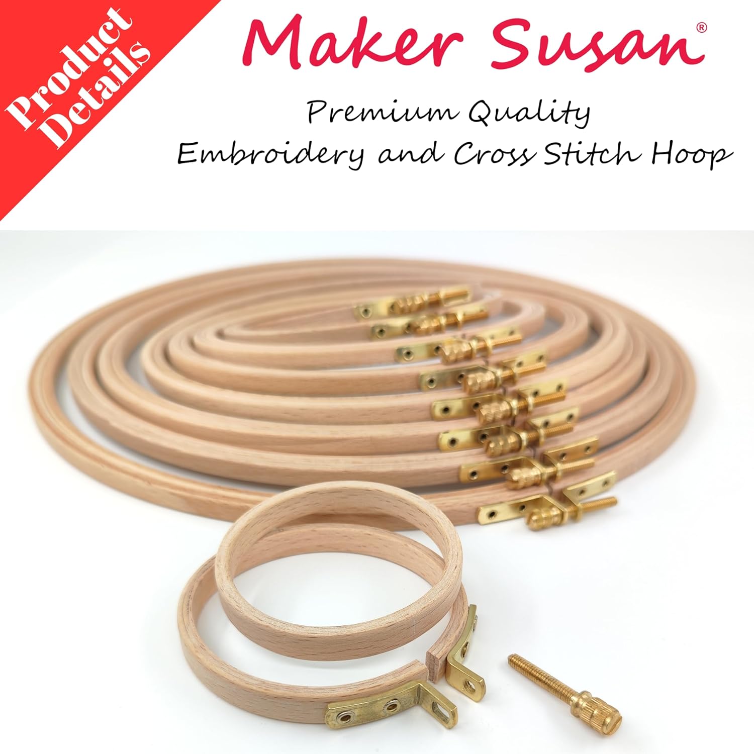 Maker Susan 11" Wood Embroidery Hoop, Round Beechwood Cross Stitch Hoop with Adjustment Brass Screw, Cross Stitch Hoops and Frames, Suitable for Embroidery, Craft Sewing (11 inch)
