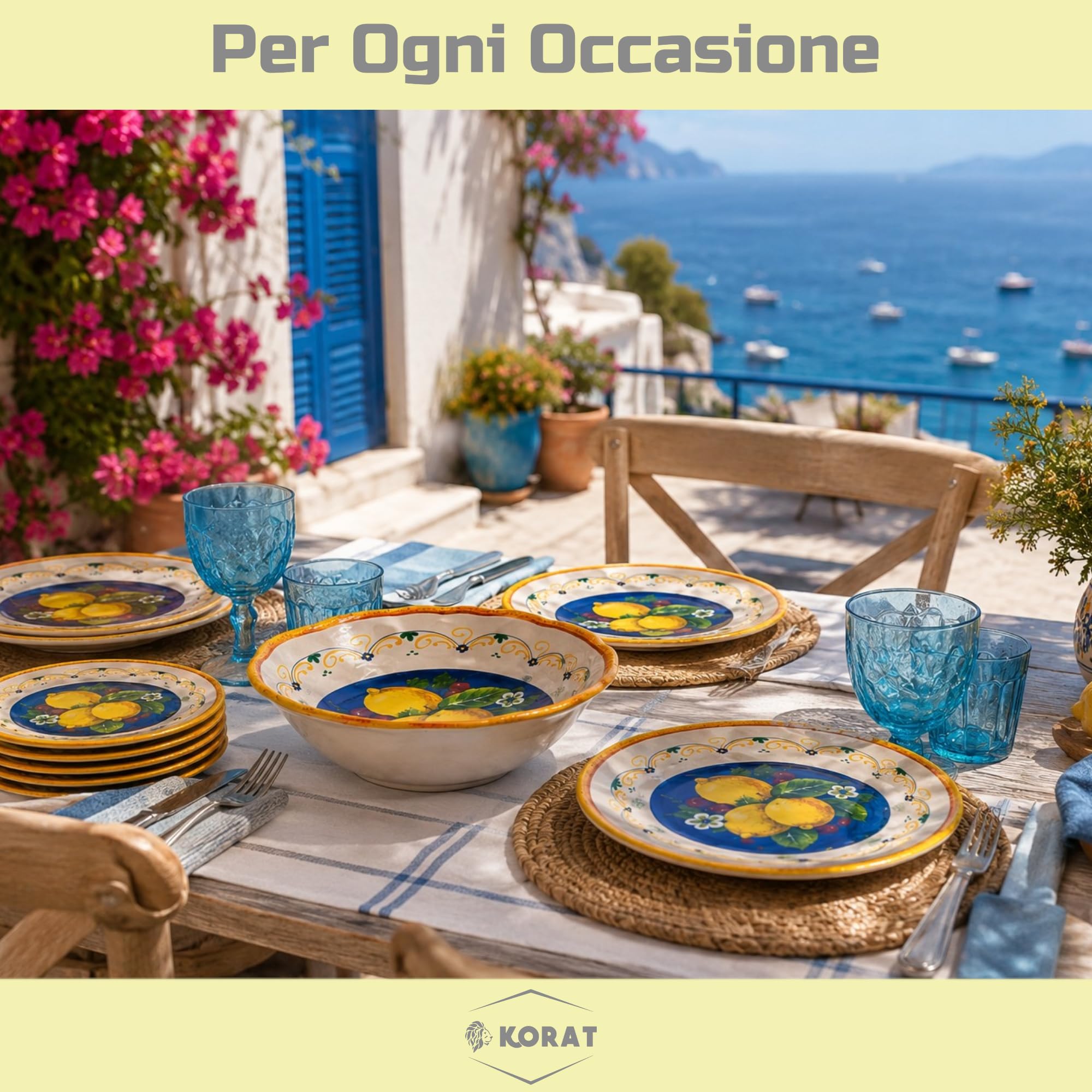 KORAT - Set Piatti in Melamina 13 Pezzi Fantasia Limoni Mediterranei, Servizio Tavola per 6 Persone con 6 Piatti Piani 28 cm, 6 Piatti Dessert 22 cm e Insalatiera 30 cm, Leggeri e Resistenti