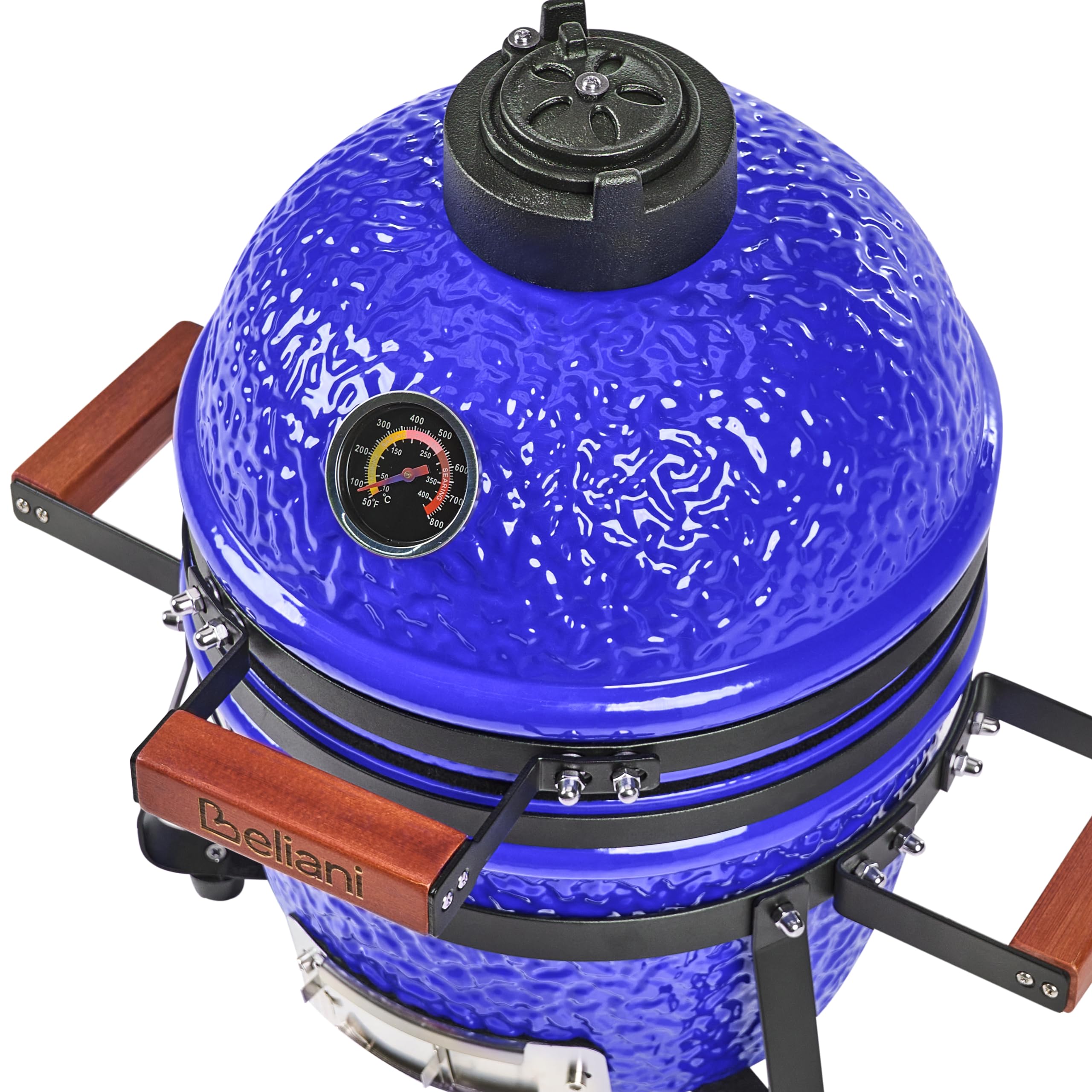 Ogrodowy mini grill węglowy ceramiczny przenośny z pokrywą termometerem rusztem niebieski Kamado