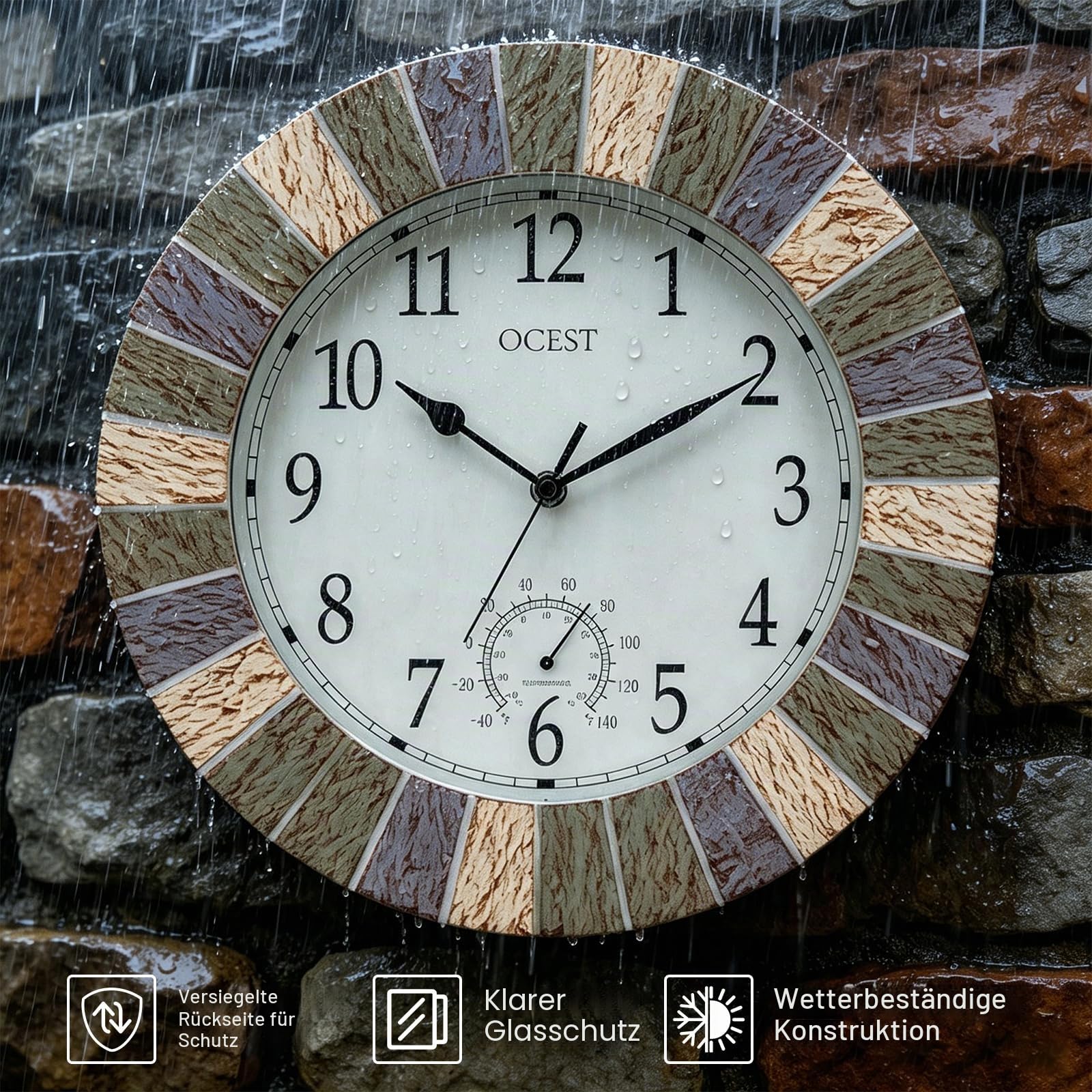 OCEST 13 Zoll Indoor Outdoor Uhr wasserdicht mit Thermometer, wetterbeständig, Nicht tickend, batteriebetriebene Dekoruhr für Terrasse, Pool, Veranda, Garten (Retro-Grau)