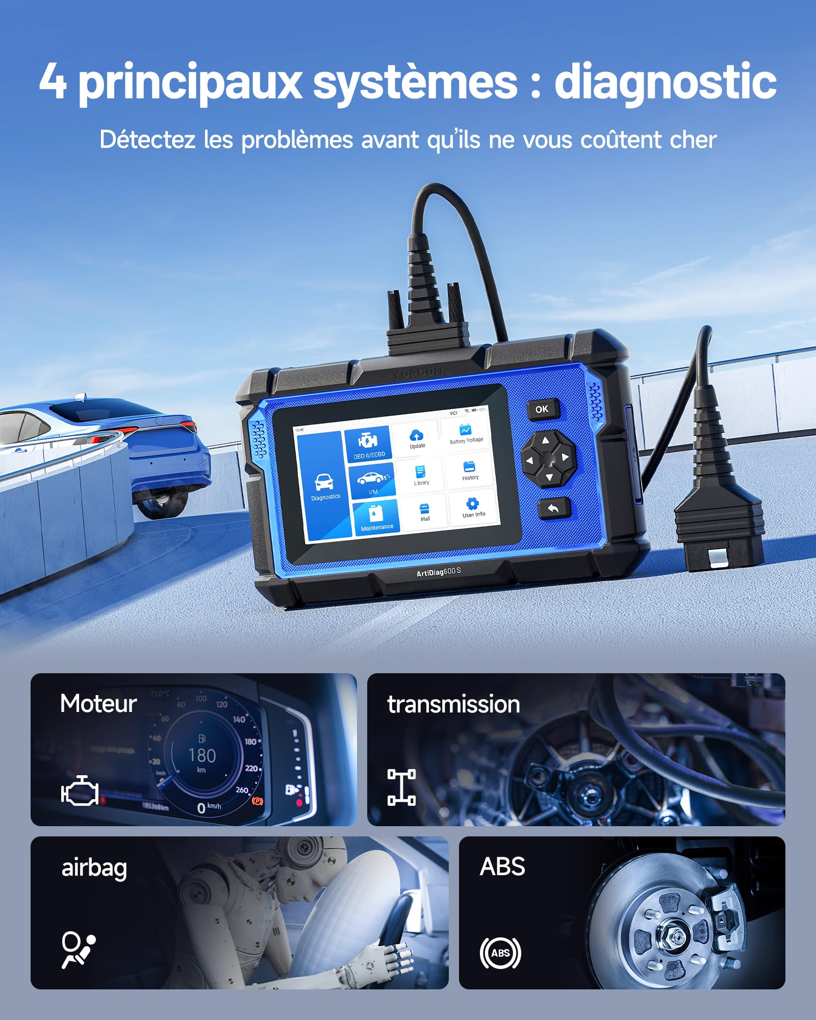 TOPDON ArtiDiag600S Valise Diagnostic Auto OBD2, Outil Diagnostic Voiture pour 4 Systèmes, 9 Fonctions de Réinitialisation sur Huile/Frein/SAS/BMS/ABS/DPF/TPMS/Accélérateur, Fonctions OBD2 Complètes