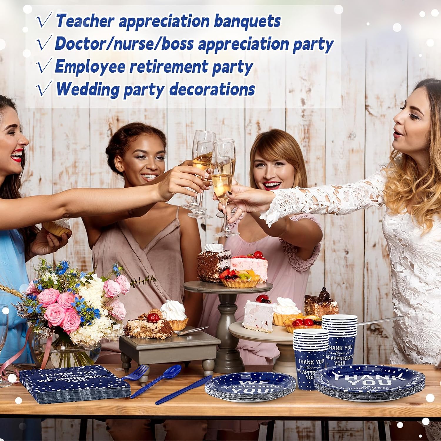 Funnymoom 192 Pcs Graduation Thank You Plates Napkins Appreciation Party Decorations Supplies We Appreciate You Disposable Tableware for Teachers Employee Staff (Blue)