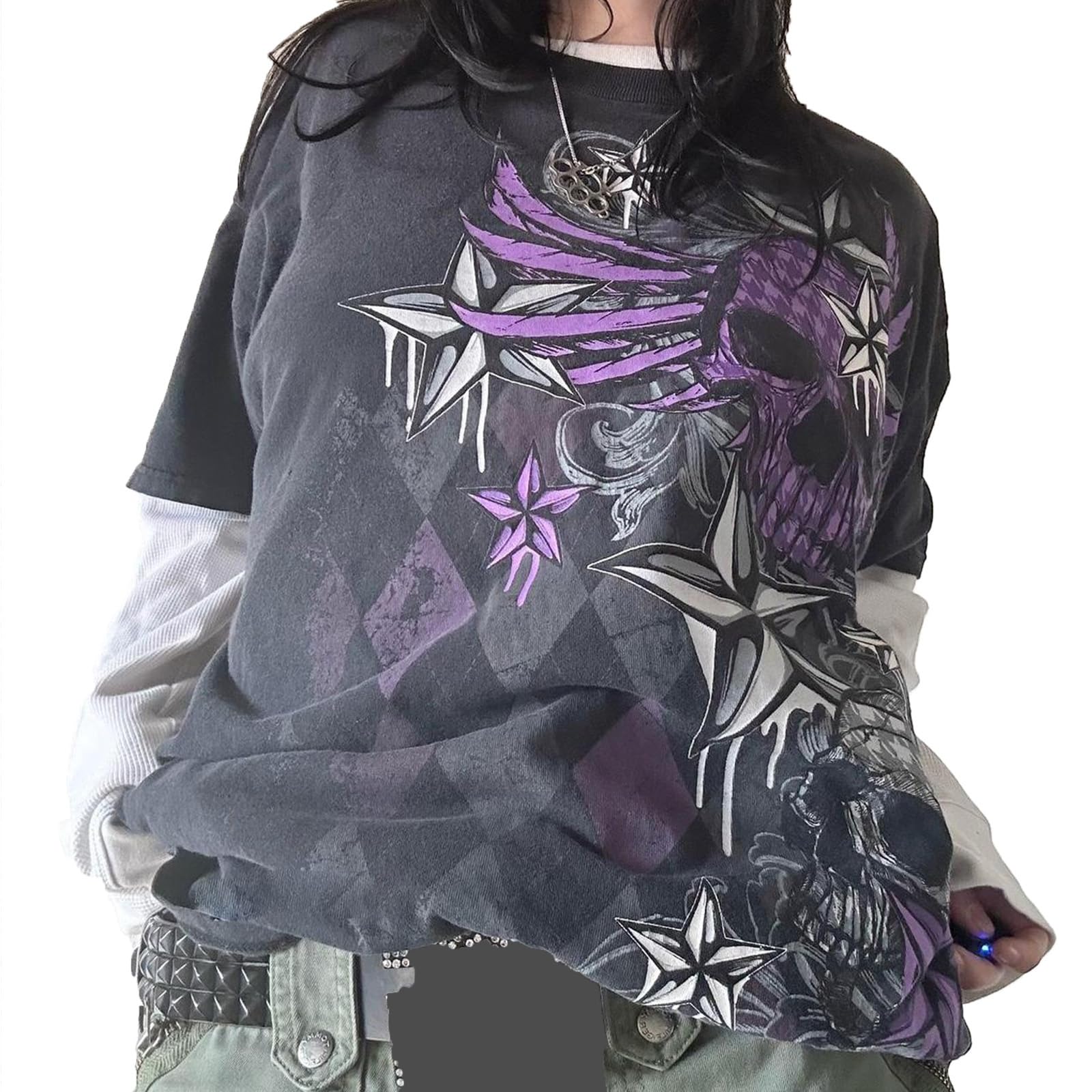FoidiccxWomen Y2k Fairy Grunge Shirt Star Graphic Print Long Sleeve Punk Goth Tops E-Girls 90s Vintage Clothes