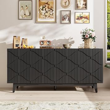 Buffet Cabinet with Storage, Accent Cabinet, Carved Doors, Black | 65" Wooden Sideboard with Adjustable Shelf, Accent Storage Cabinet for Kitchen, Living Room and Entryway
