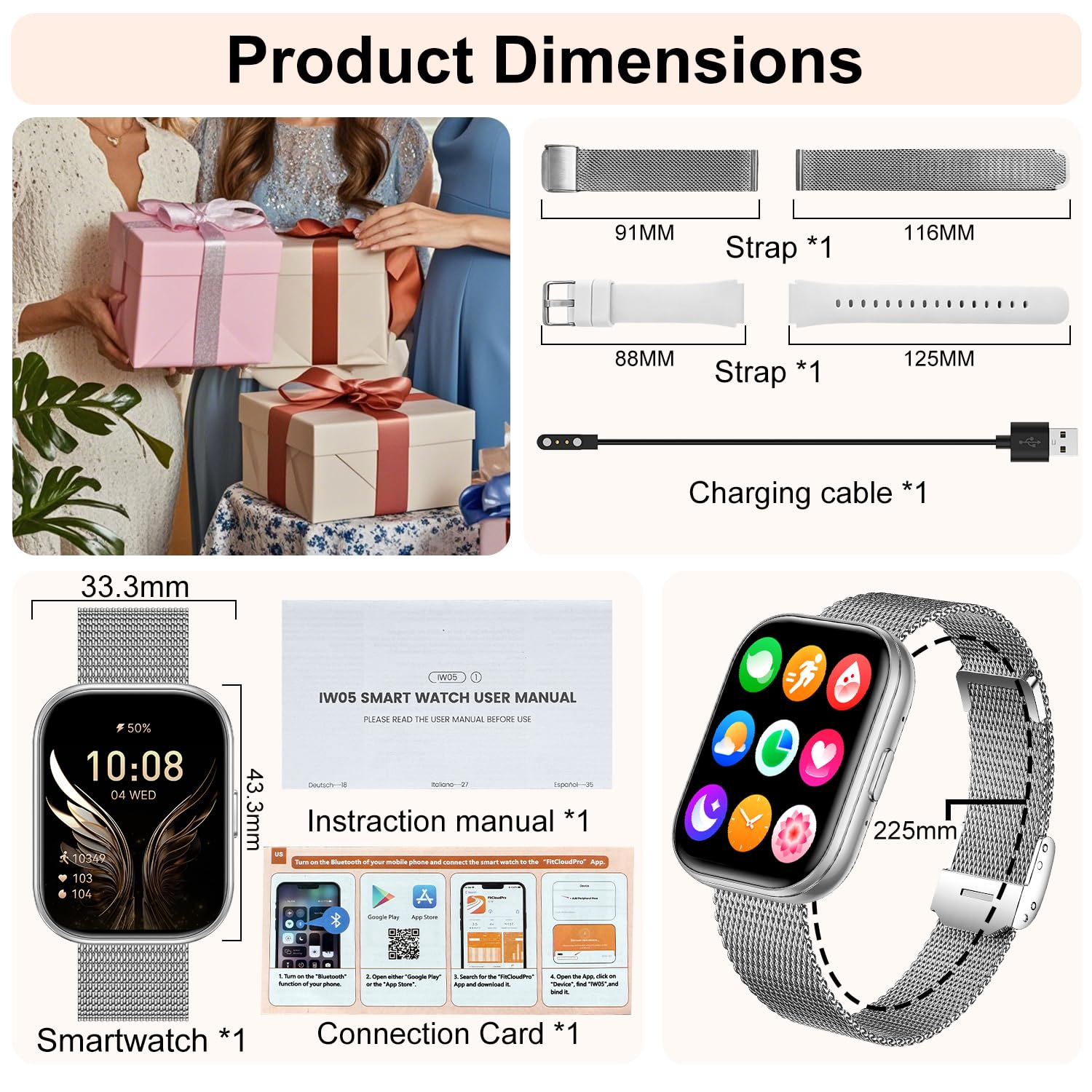 Orologio intelligente da donna per rispondere e effettuare chiamate, fitness tracker HD da 4,45 cm con oltre 120 modalità sportive, monitoraggio del sonno, frequenza cardiaca SpO2