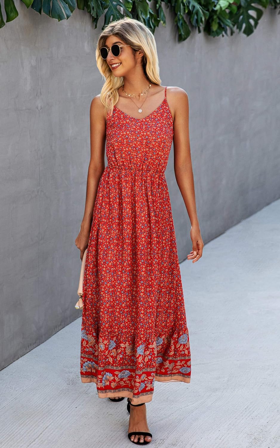 Angashion Women's Dresses Floral Adjustable Spaghetti Strap V Neck Boho Long Maxi Dress Summer Beach Flowy Ethnic Sundress - Image 4