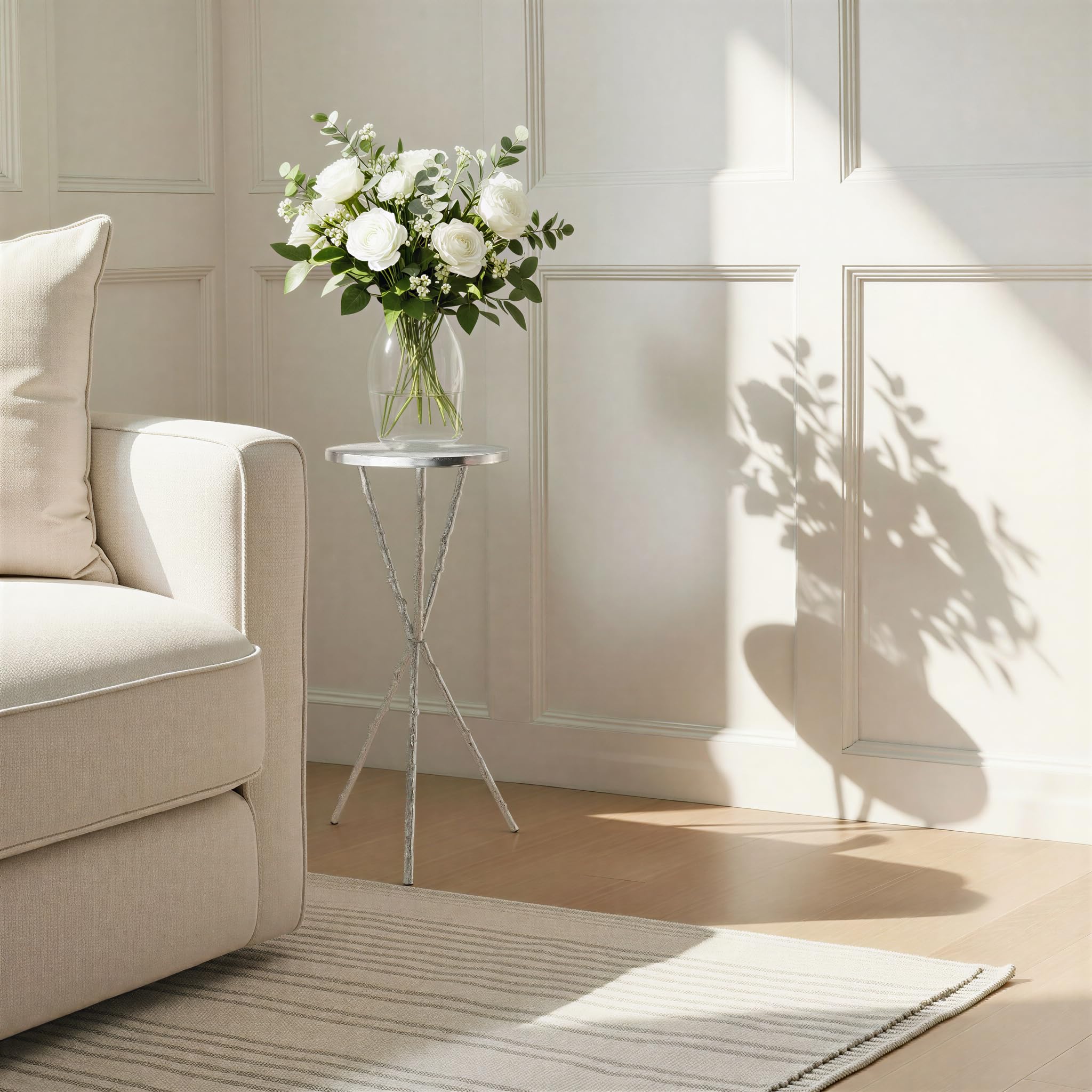 Creative Co-Op Round Aluminum Tripod Accent Table with Twig-Shaped Legs, Nickel Finish