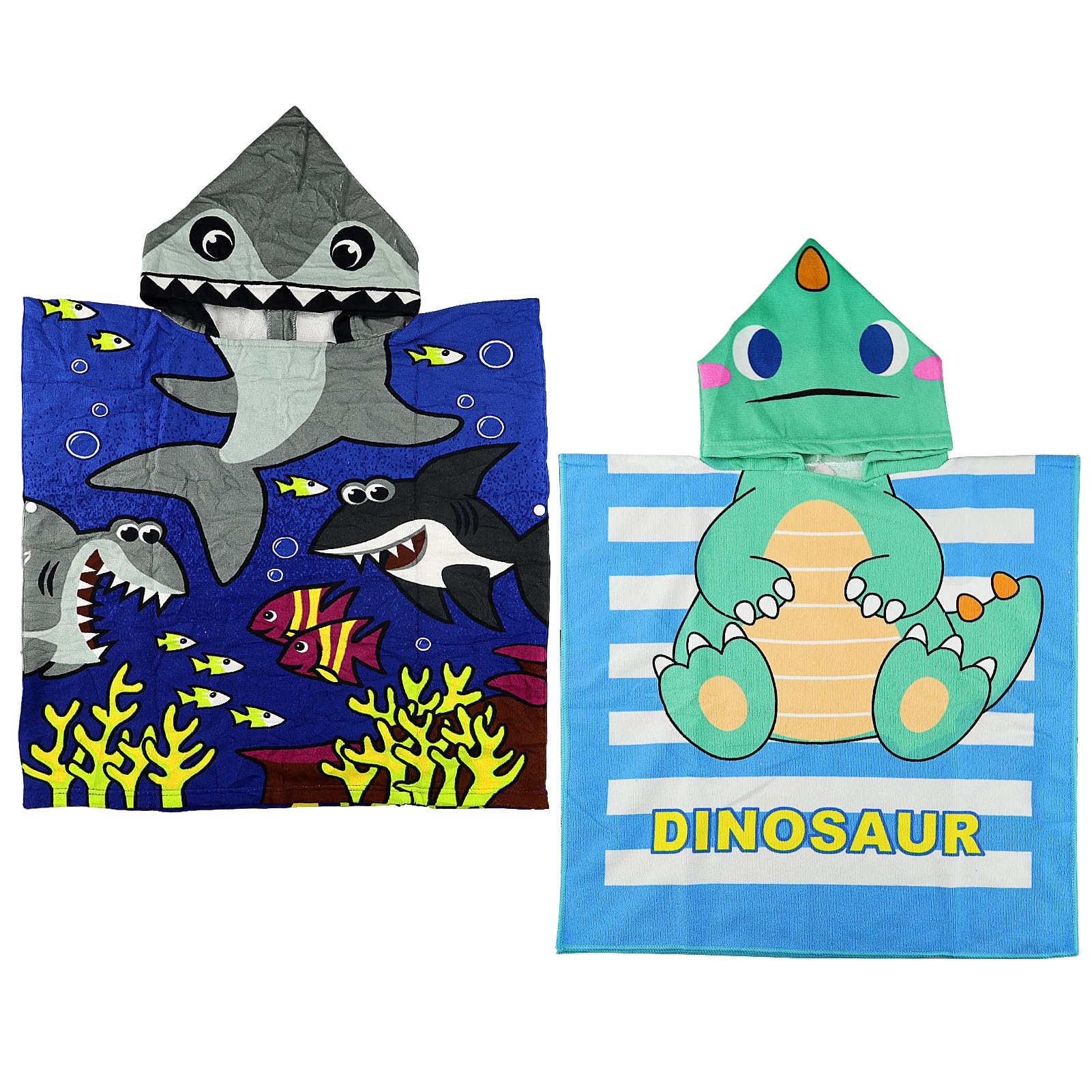 Hxmjied Boys Shark&Dinosaur 2 Pcs Blue Kid Beach Towels, 60X120cm Cartoon Child Hooded Poncho Towel Children Changing Robe For Beach Swimming Bath Towel Bathrobe Dinosaur Towel For Aged 3-7 Toddler (Shark, Dinosaur)