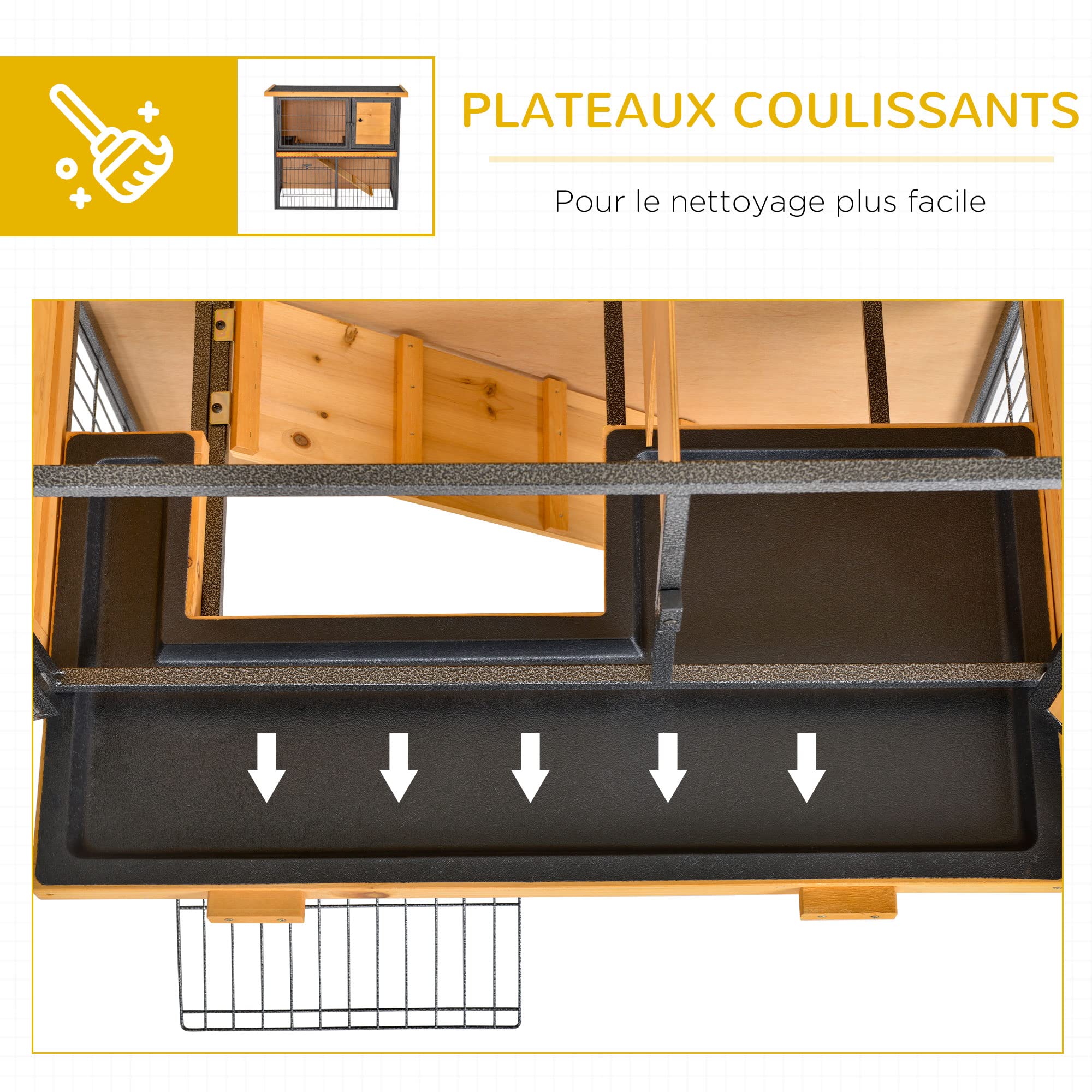 PawHut Clapier à Lapin Cage à Lapin 2 Niveaux 3 Portes verrouillables Rampe Toit ouvrant bitûmé métal époxy pin pré-huilé