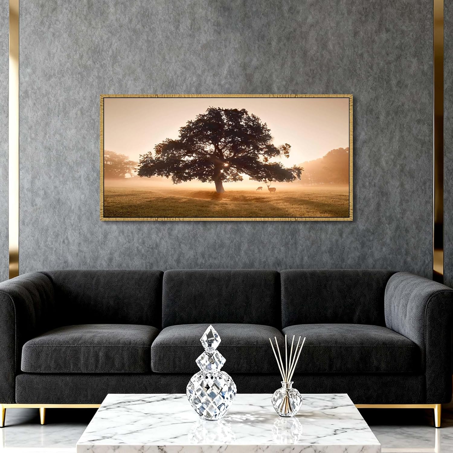 Tree Framed Canvas Wall Art: Sunset Nature Picture Dusk Landscape Painting Majestic Oak Artwork Wildness Prints for Living Room