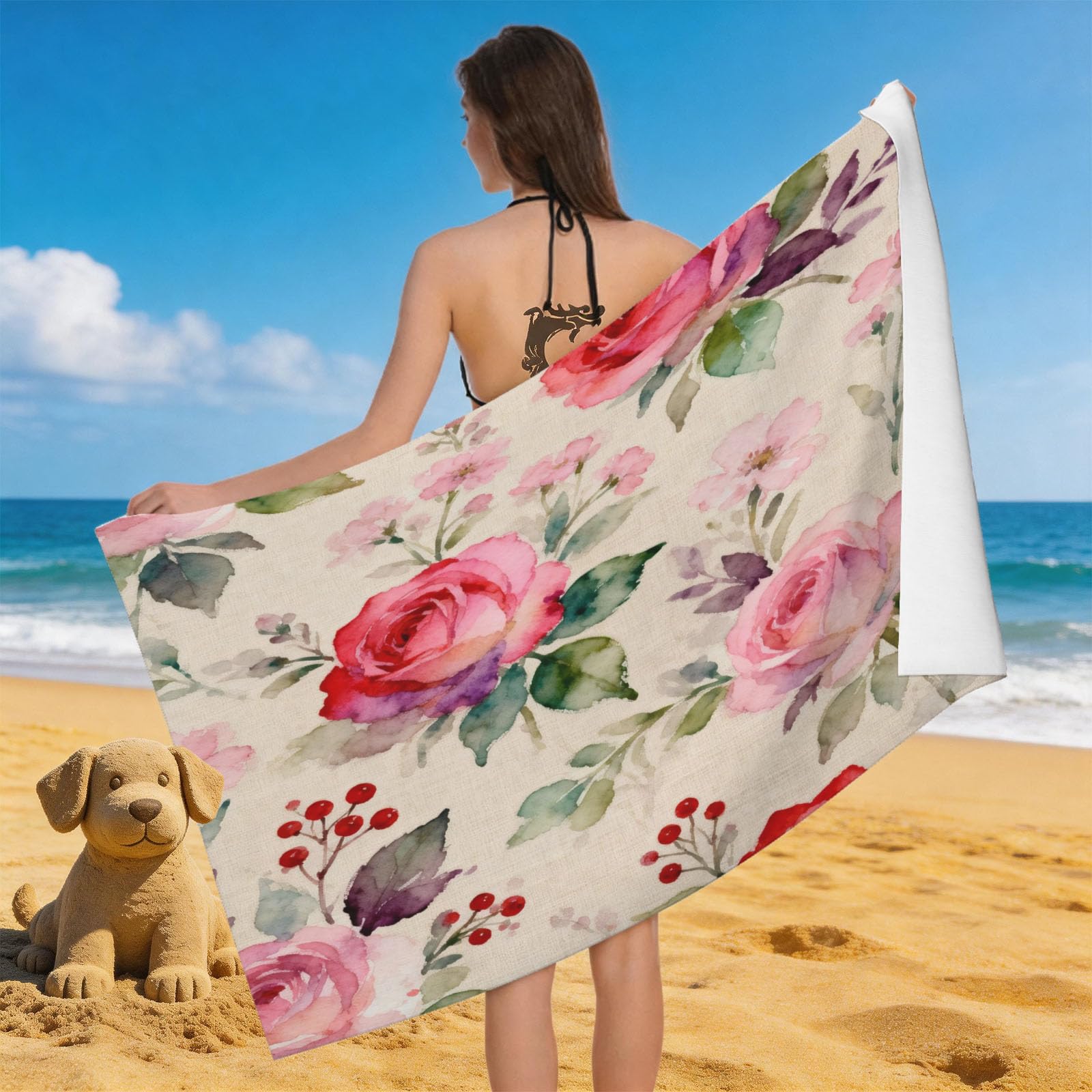 Leichong Men's Beige 3D Watercolor Rose Beach Towel Microfiber Soft Quick Dry For Adults, Blossom Flowers Bath Towel Lightweight Soft Absorbent For Travel Swimming Pool Sports, 75 X 150 Cm