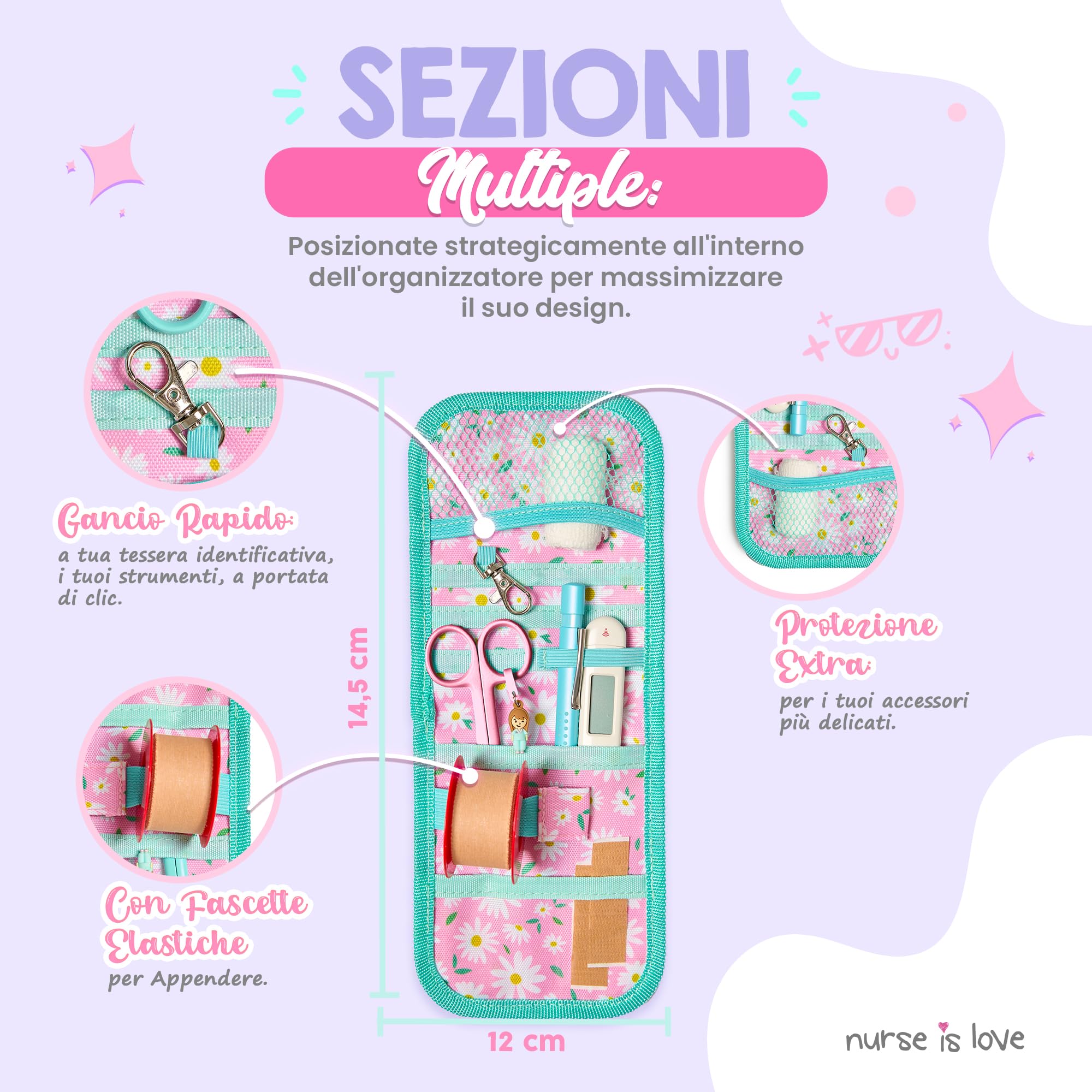 Nurse is Love Set Infermiera e TCAE (3 pezzi). | Organizer Infermiere + Porta Badge da Collo + Forbici Infermiere Curva | Regali Personalizzati - Kit Accessori - DAISIES
