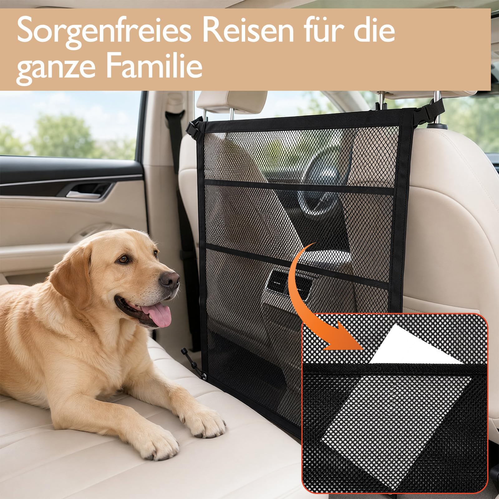 Hundegitter Auto Mit Aufbewahrungstaschen Universal Trennnetz Hund, 69*56cm | Hundenetz Auto Rückbank|Auto Hunde Rückbank Barriere|Auto Hundenetz Sicherheitsnetz|Gepäcknetz Kofferraum Netz|Netz Innenraum