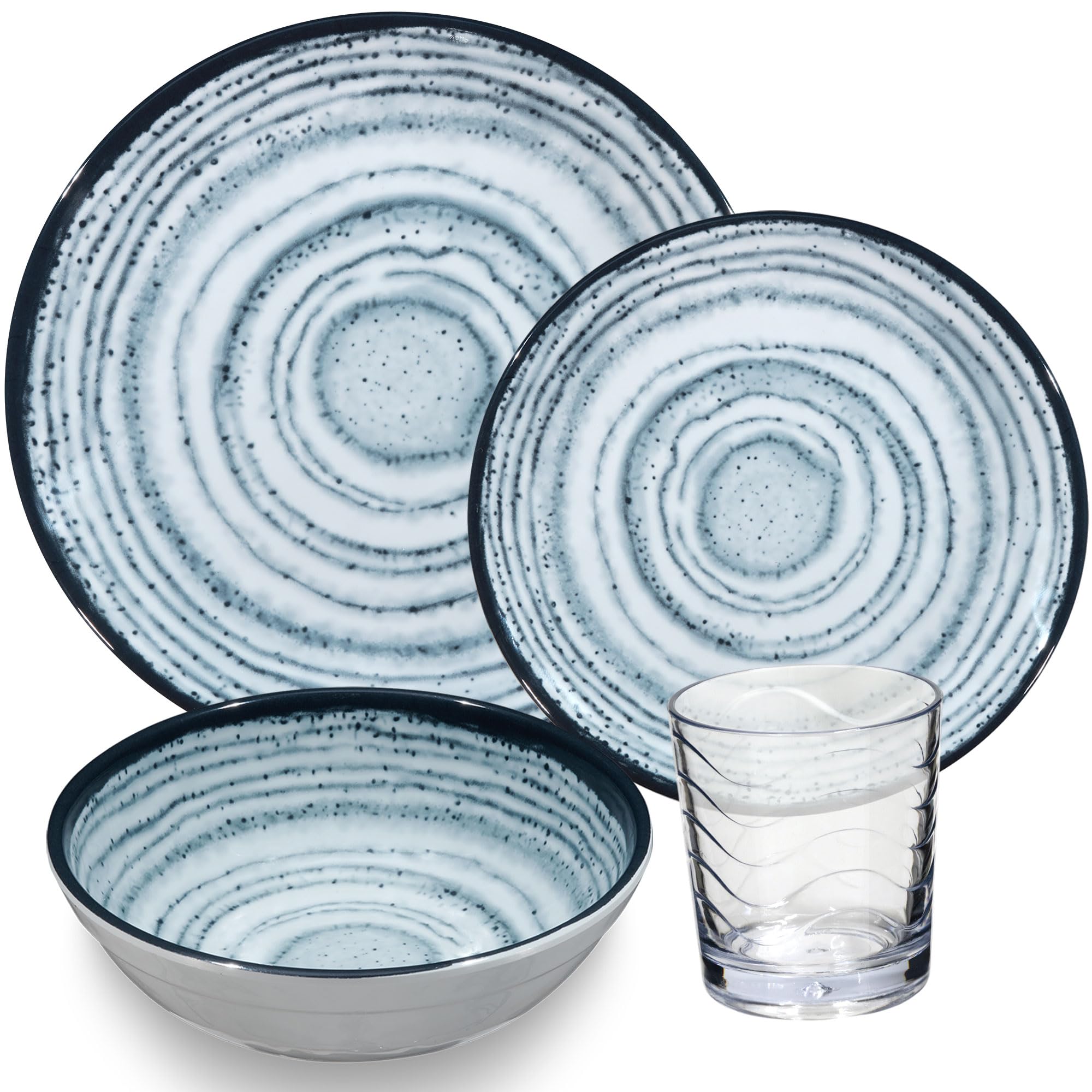 Melamin Geschirr Set Schiefer für 4 Personen - Blau Steingutoptik Spülmaschinengeeignet Essgeschirr Campingzubehör Campinggeschirr Wohnwagen Camping Festival Picknick Gartenparty