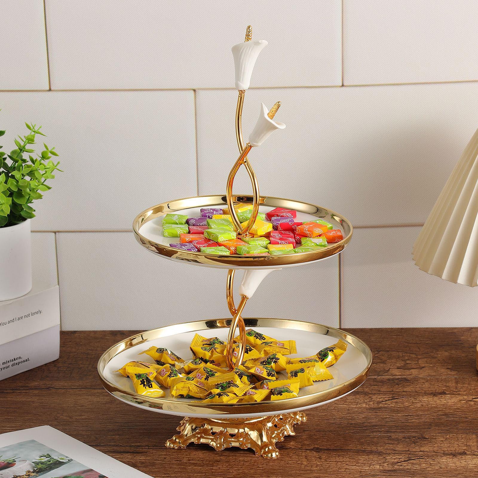 Soporte para Magdalenas de 2 Niveles Bandeja para Servir postres en Niveles de cerámica Blanca con Bordes Dorados Expositor de Soporte para Pasteles de té para Bodas Bandeja de postres de