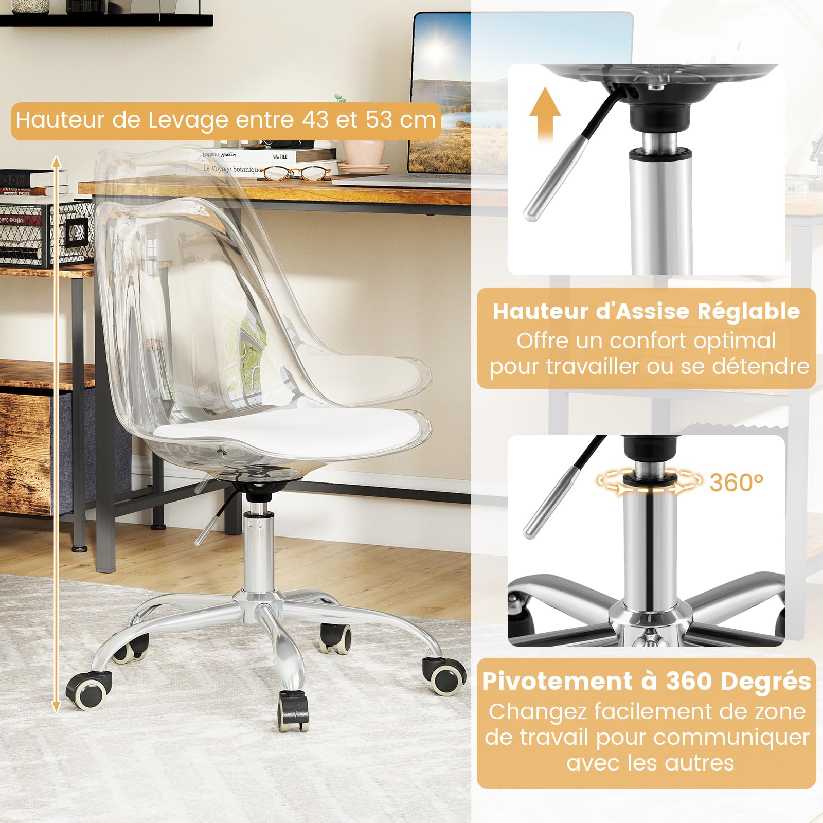 GYMAX Chaise de Bureau Transparente Acrylique avec Hauteur Réglable