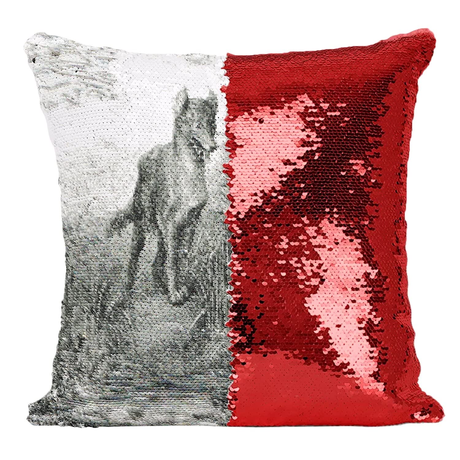 Coussin sequin rouge avec gravure Le Loup et l'Agneau La Fontaine décor salon