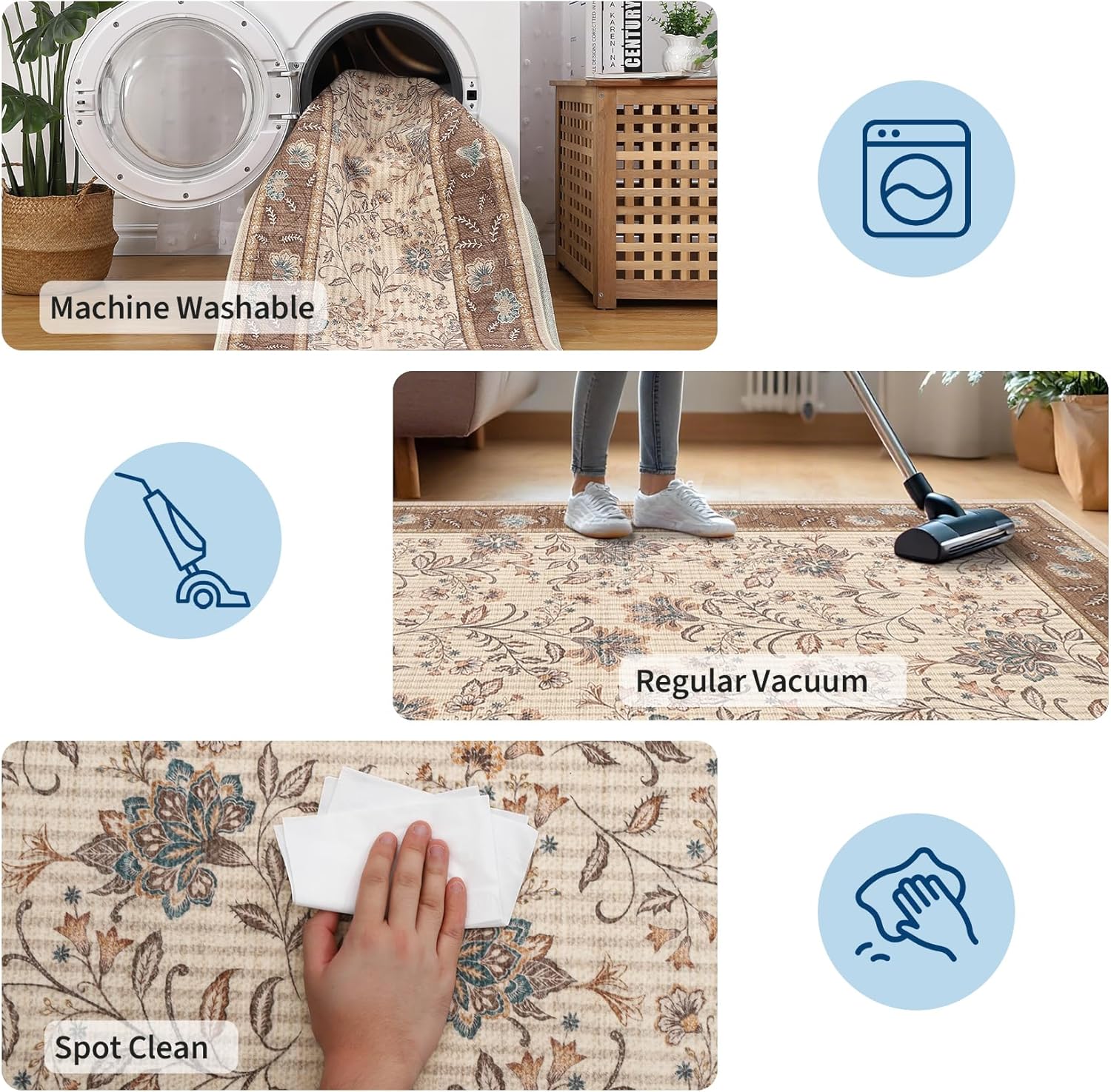 GarveeHome 2x6 Washable Runner Rug for Bedroom, Soft Botanical Floral Kitchen Runner with Non Slip Backing Brown Farmhouse Laundry Mat Stain Resistant Carpet for Hallway Bathroom Beside Rug