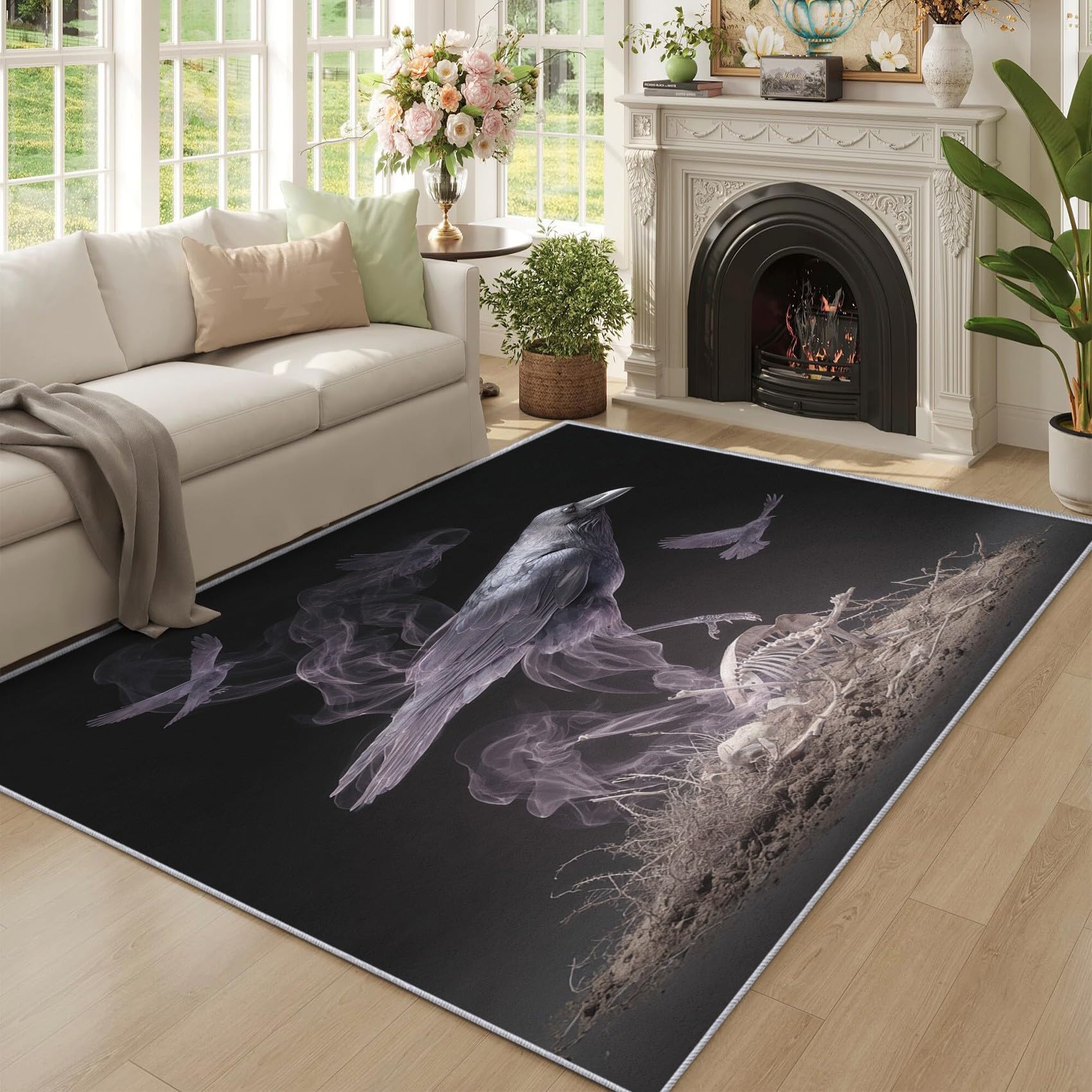 Tapis corbeau gothique grand tapis de salon chambre motif dark fantasy lavable