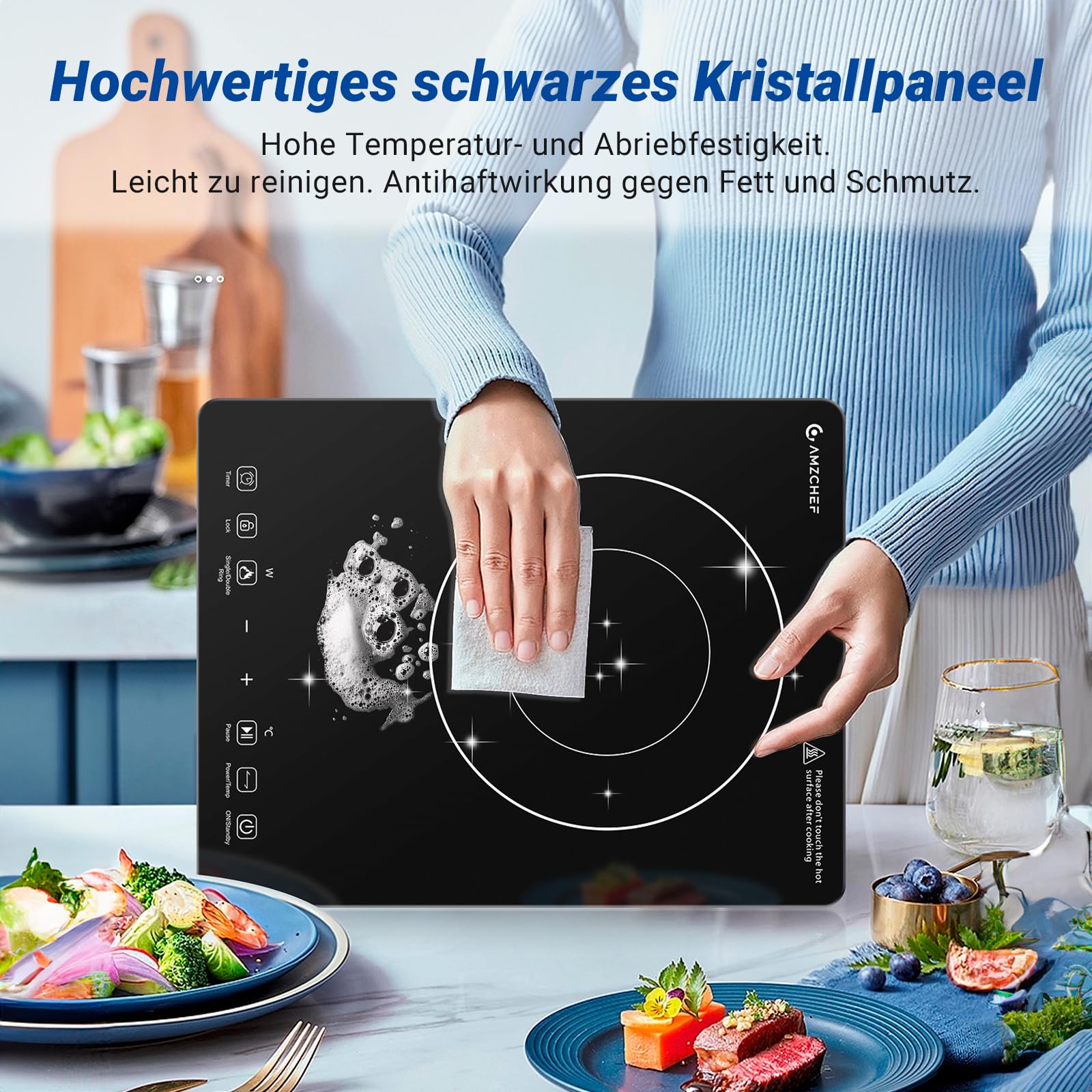 AMZCHEF Induktionskochplatte Einzel, 3500W Induktionskochfeld mit Doppelter Ring, 9 Stufen, Sicherheitssperre