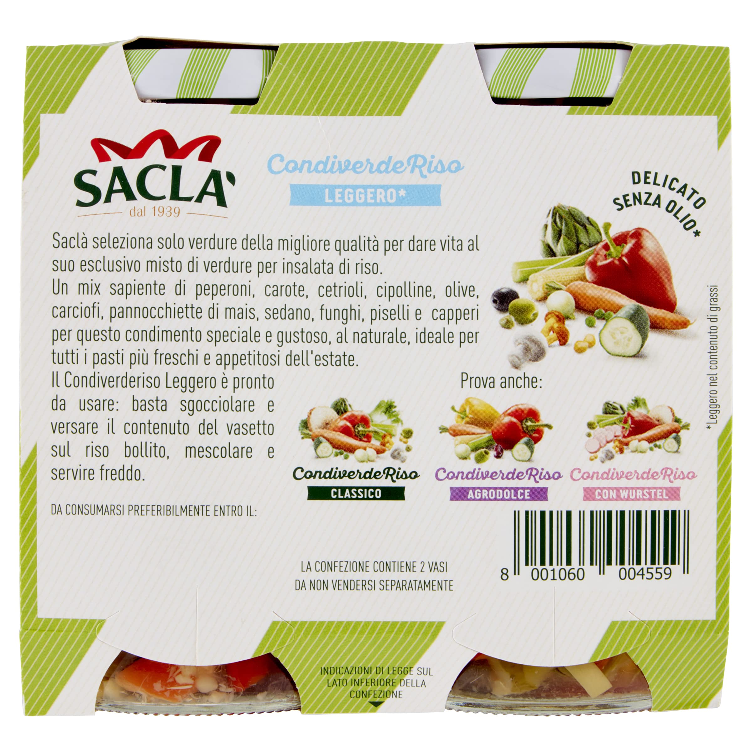 Saclà, Condiverde Riso Leggero Duo, Condimento di Mix di Verdure per Insalata di Riso e altri Cereali, Senza Olio, Vaso Vetro, 2x290g (2x175g sgocciolato), Confezione da 6 pezzi