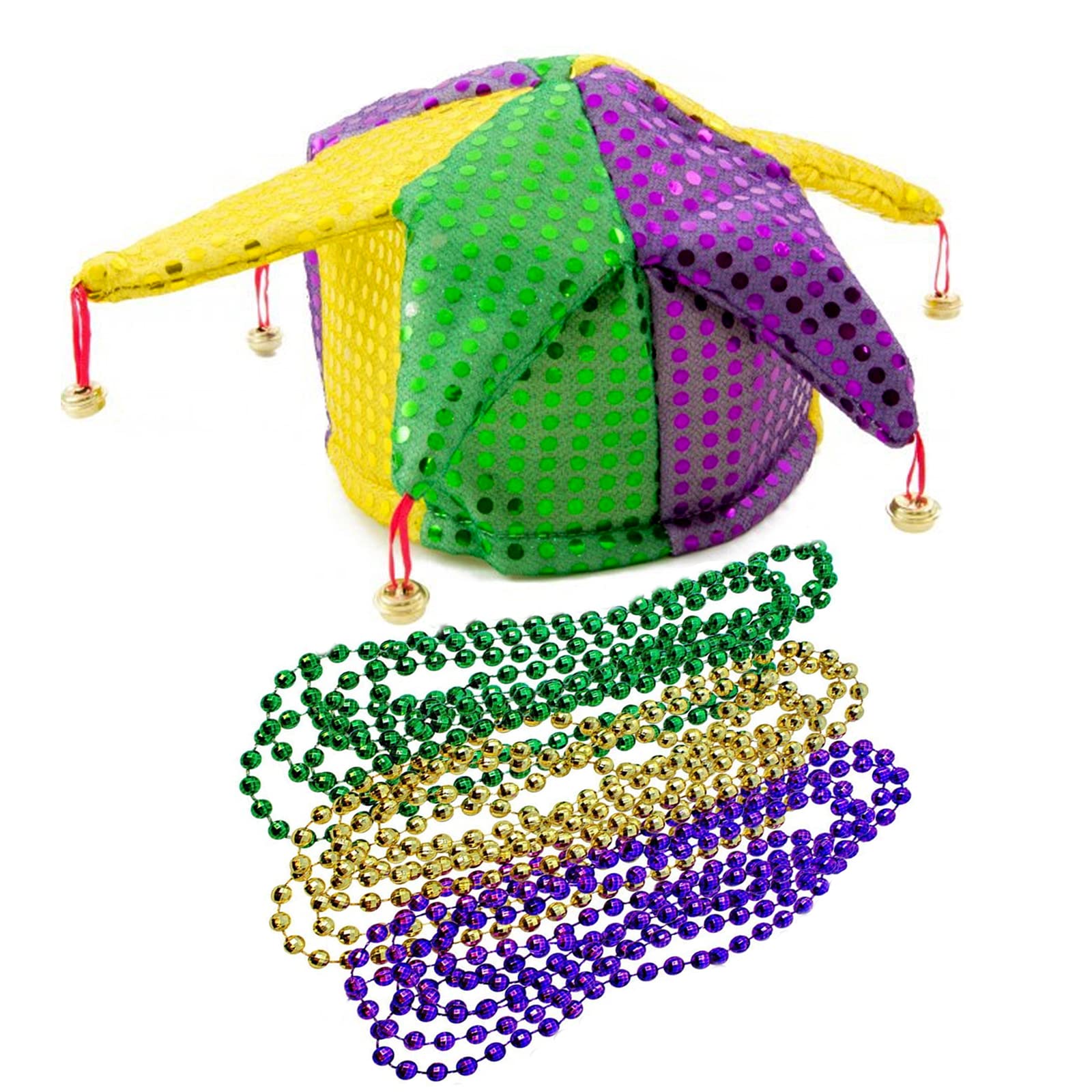 SIROGOGO Mardi Gras Party Costume Court Jester Clown Hat with 6 Mardi Gras Beads,Funny Multicolor Accessories Clown for Masquerade Cosplay Accessory