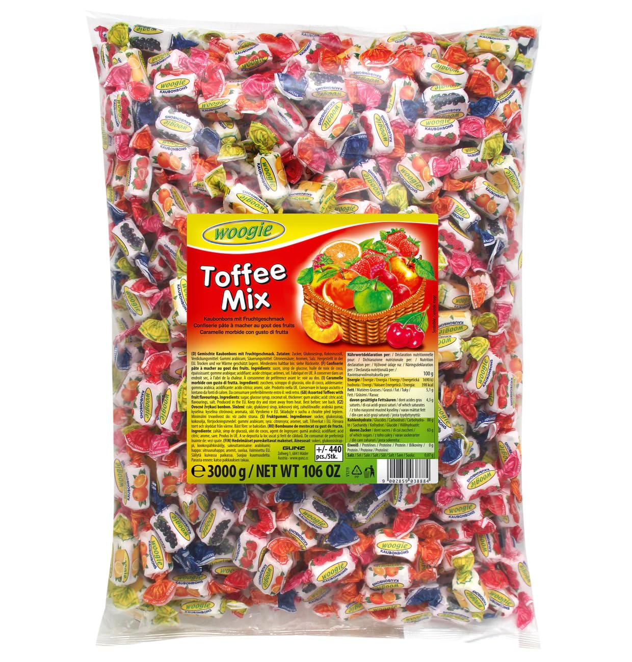 Woogie Chewy Toffee Mix 3kg | Bunte Kaubonbons Großpackung einzeln verpackt | Perfekt als Kamelle & Wurfmaterial für Fasching, Karneval & Partys | Frucht- & Schoko Toffees, Vorratspackung